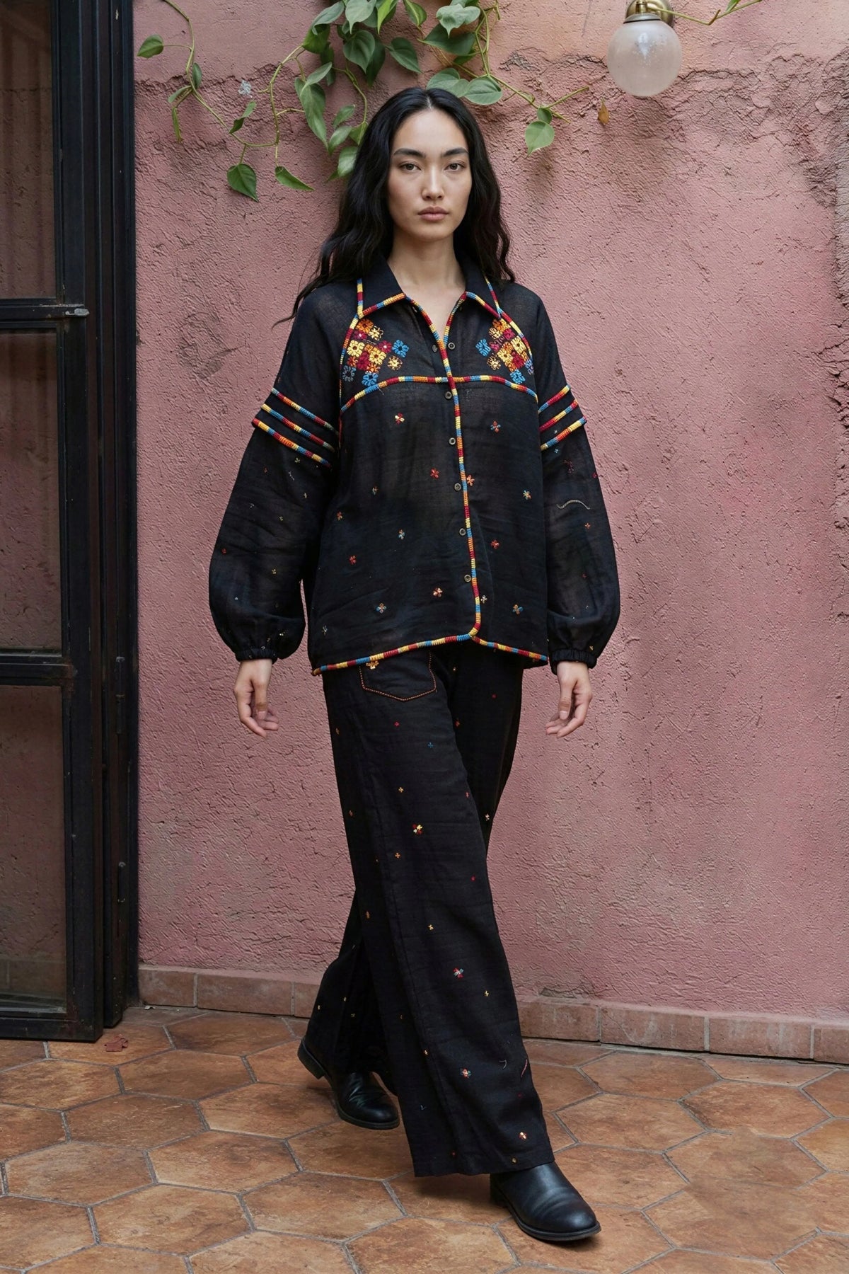 Maroon Cross-Stitch Embroidered Shirt