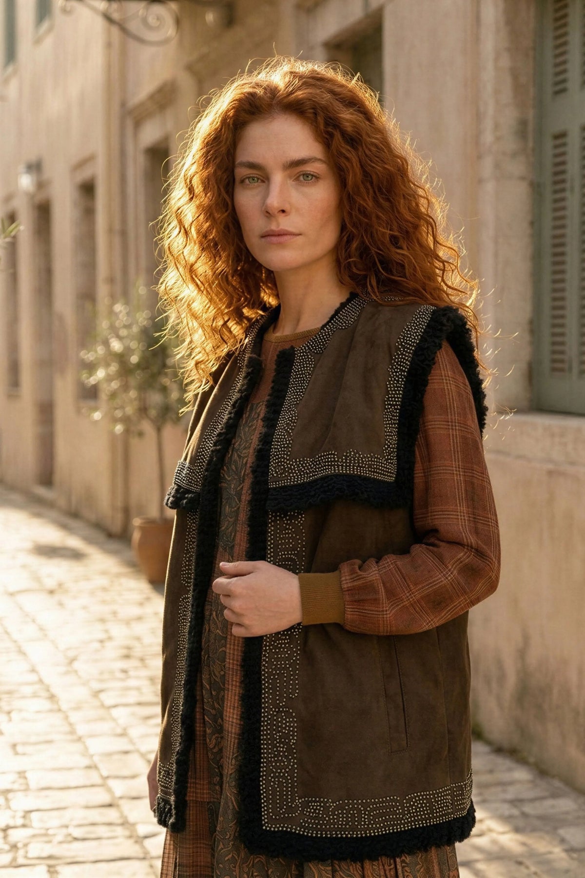 Olive Suede Coutching Embroidered Waistcoat