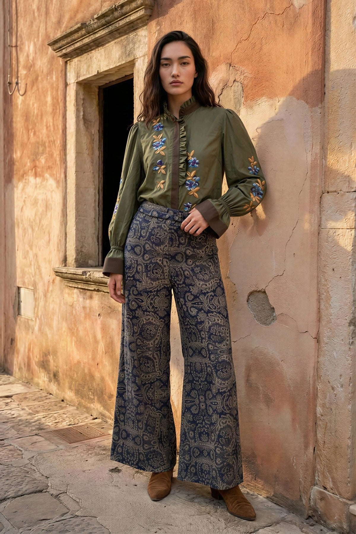 Blue Denim Paisley Printed Pants