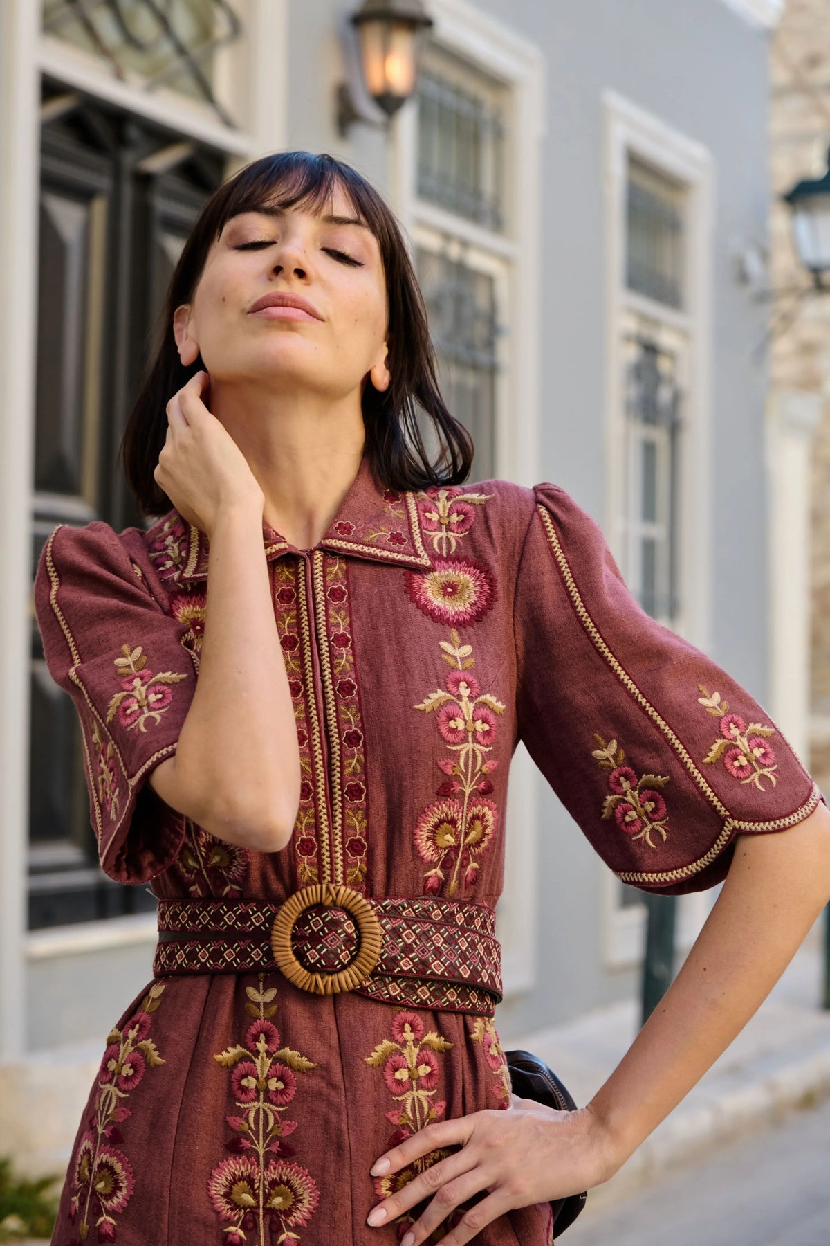 Mauve Textured Embroidered Dress