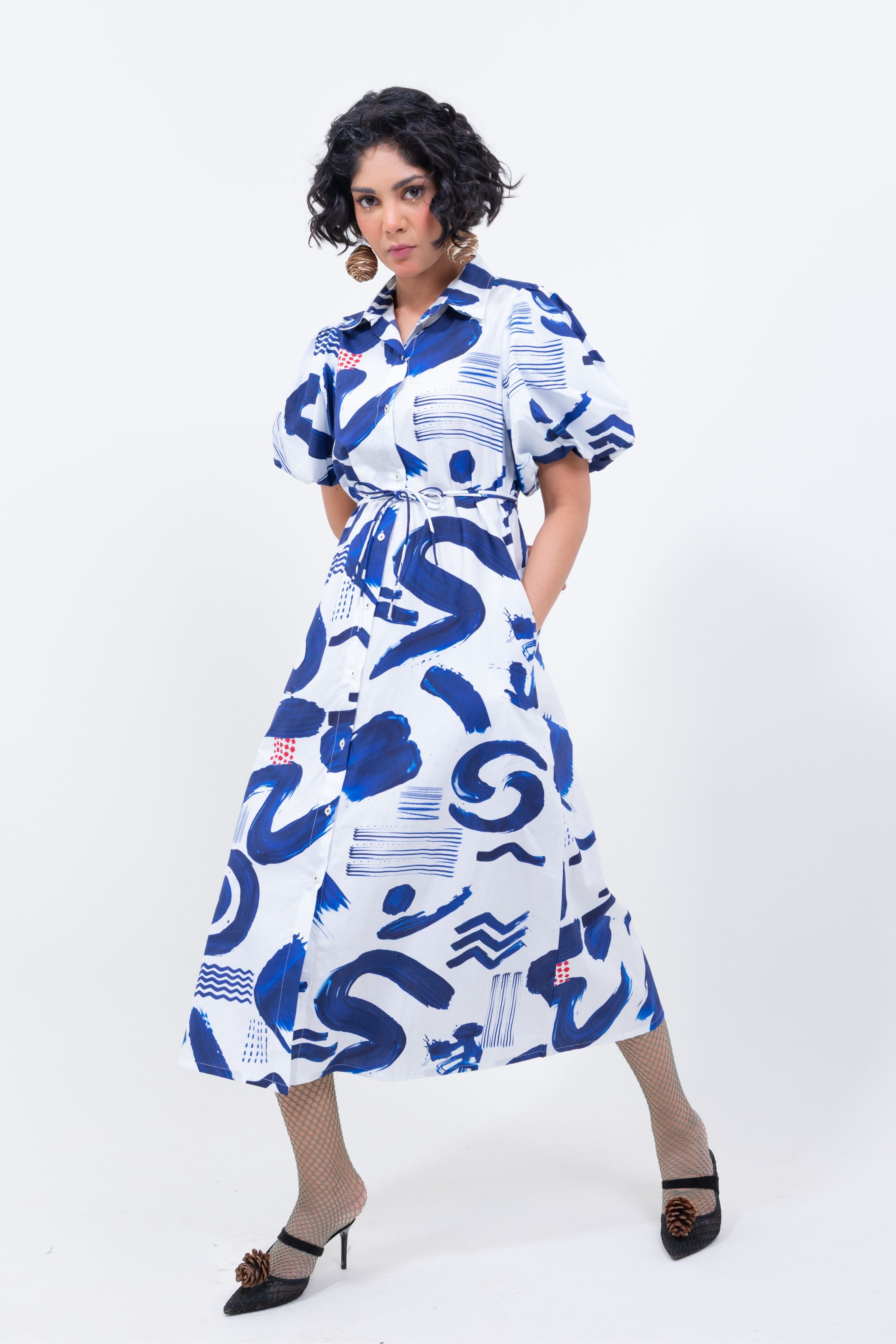 Abstract Indigo Shirt Dress