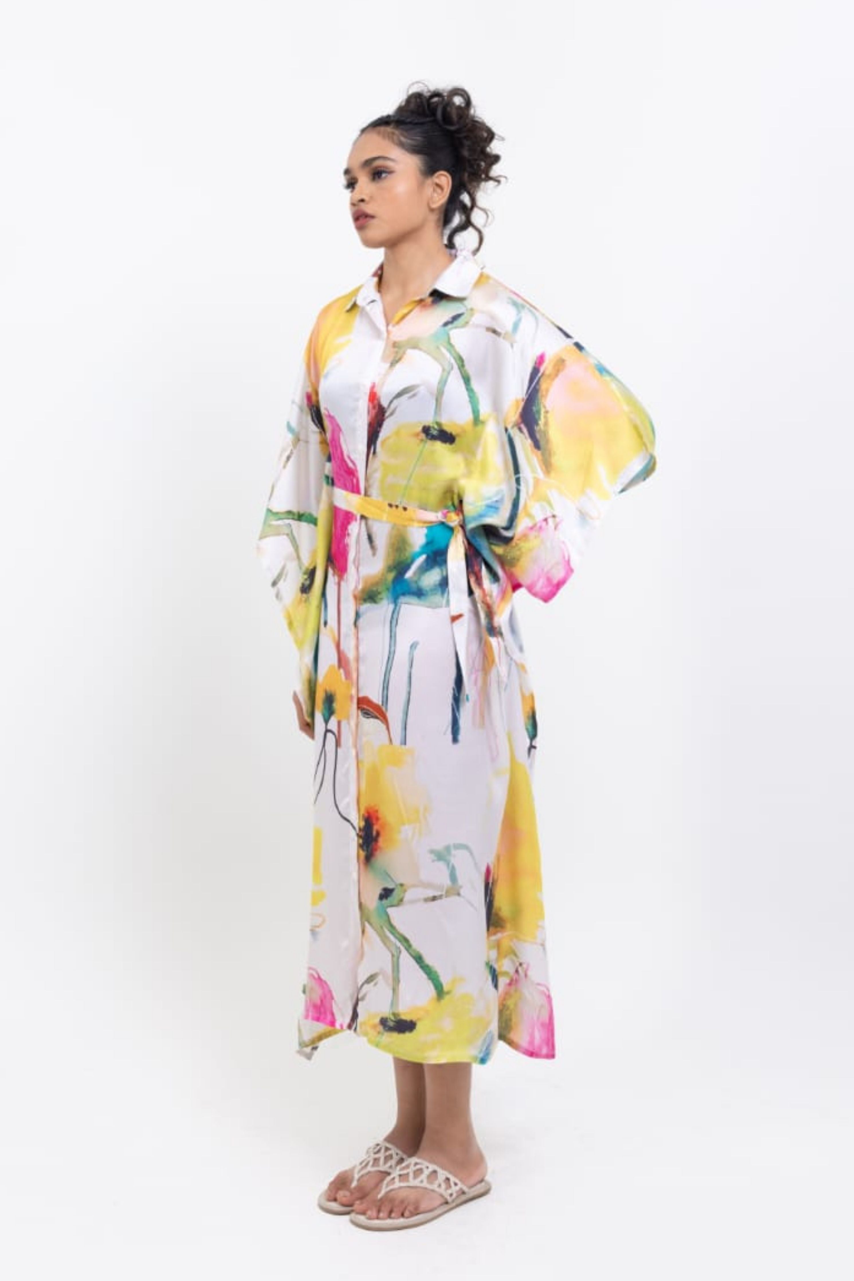 Elegant Black Floral Shirt Kaftan Dress