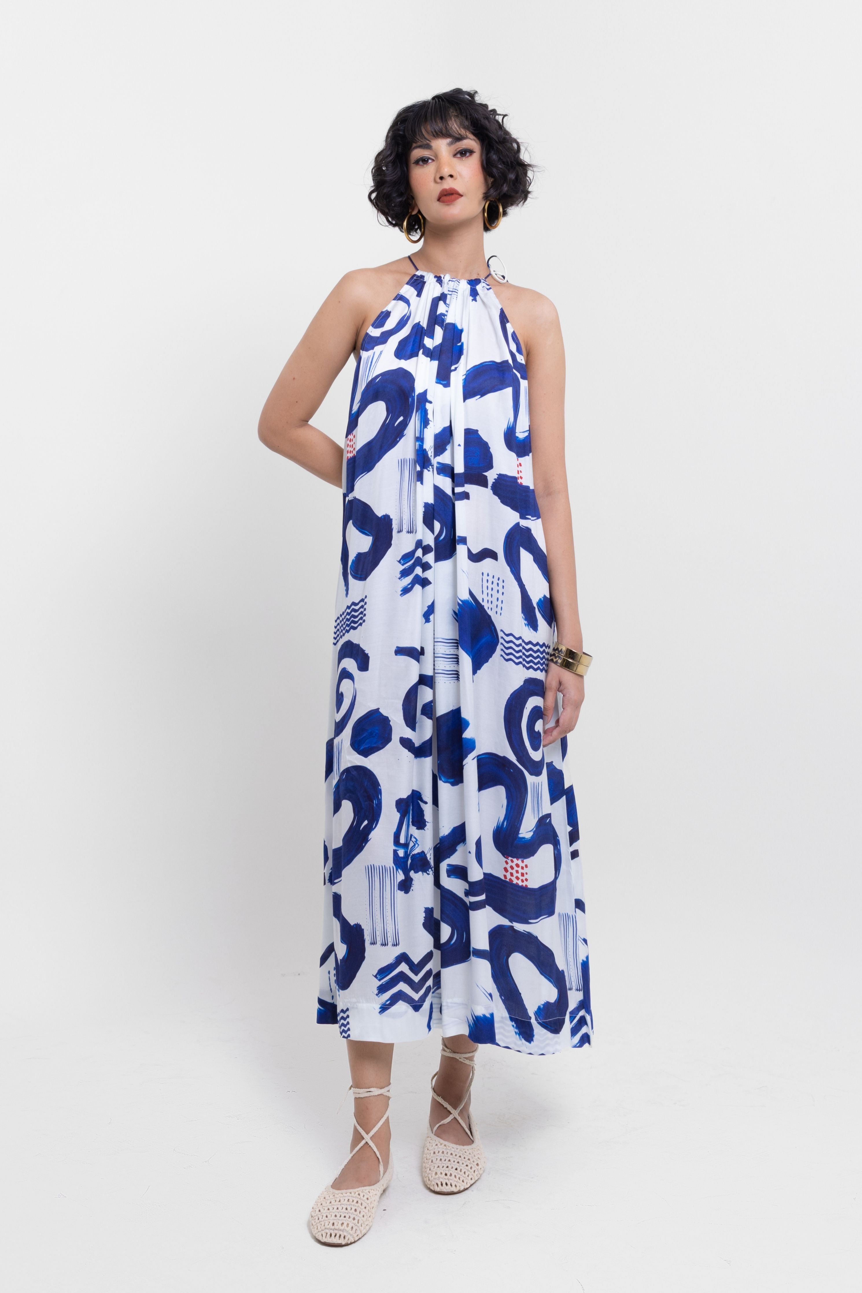 Abstract Elegance Halter Maxi Dress