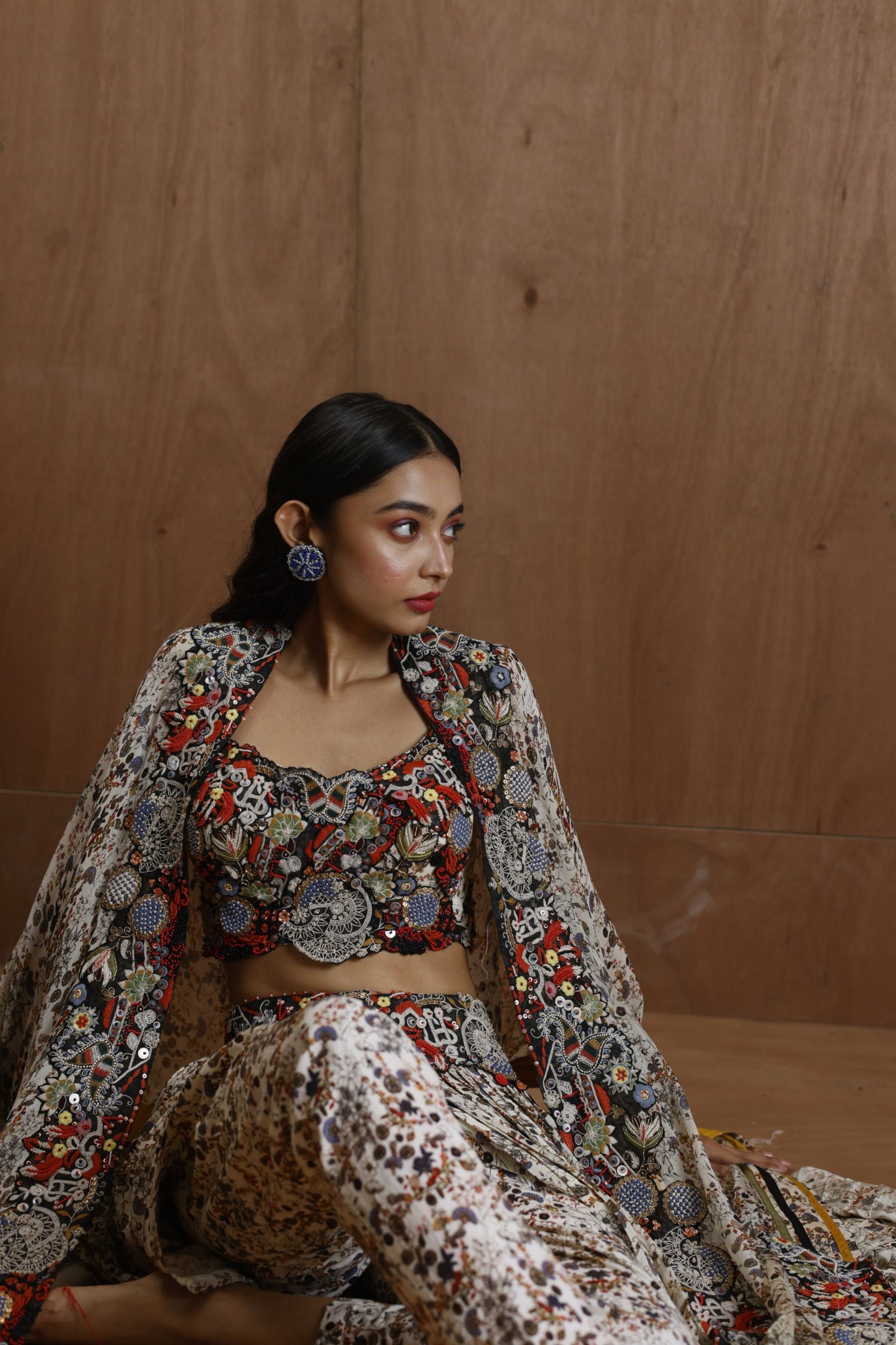Embroidered Blouse With Pants, Wrap Skirt And Long Cape