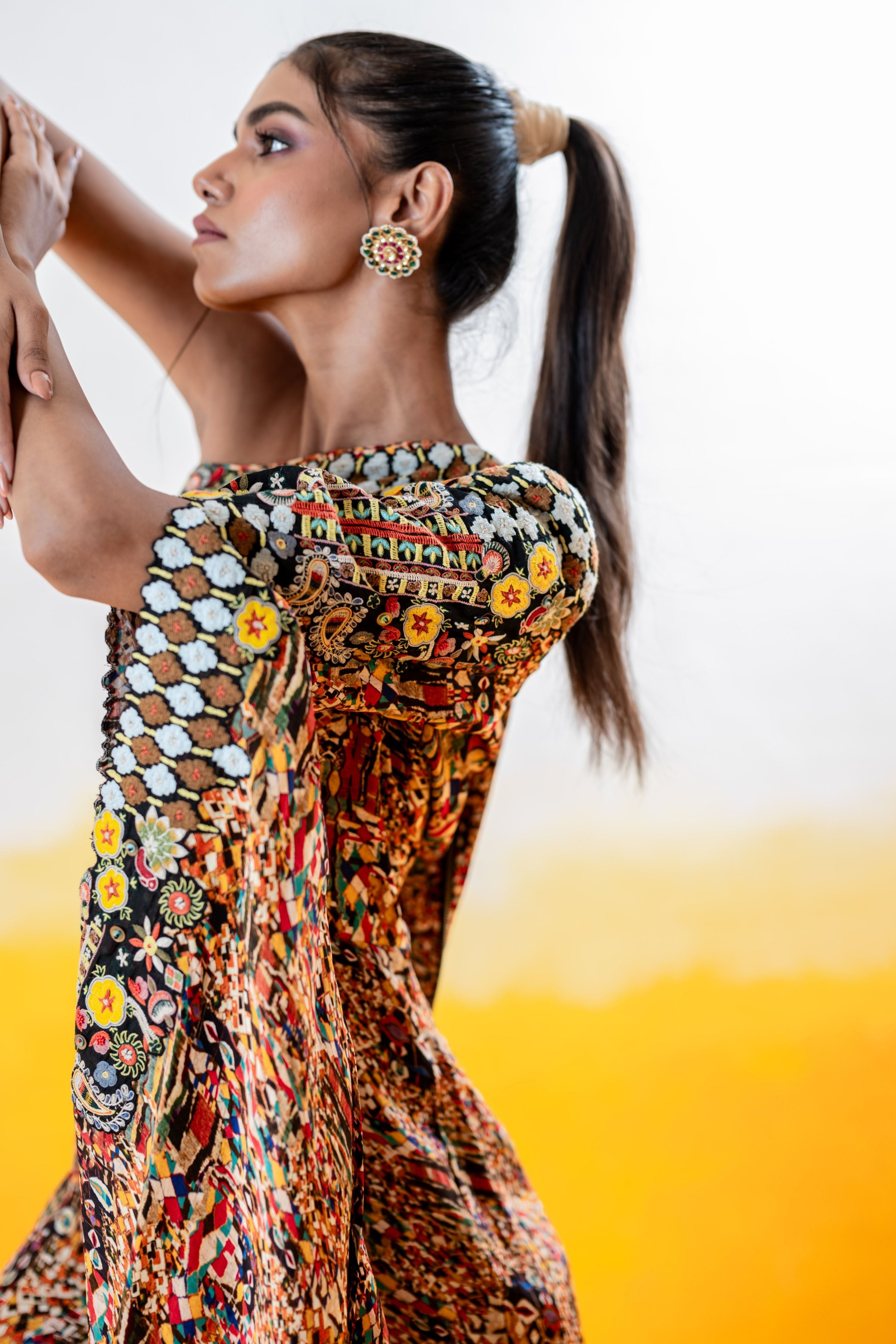 One Shoulder Printed Jumpsuit With Embroidery