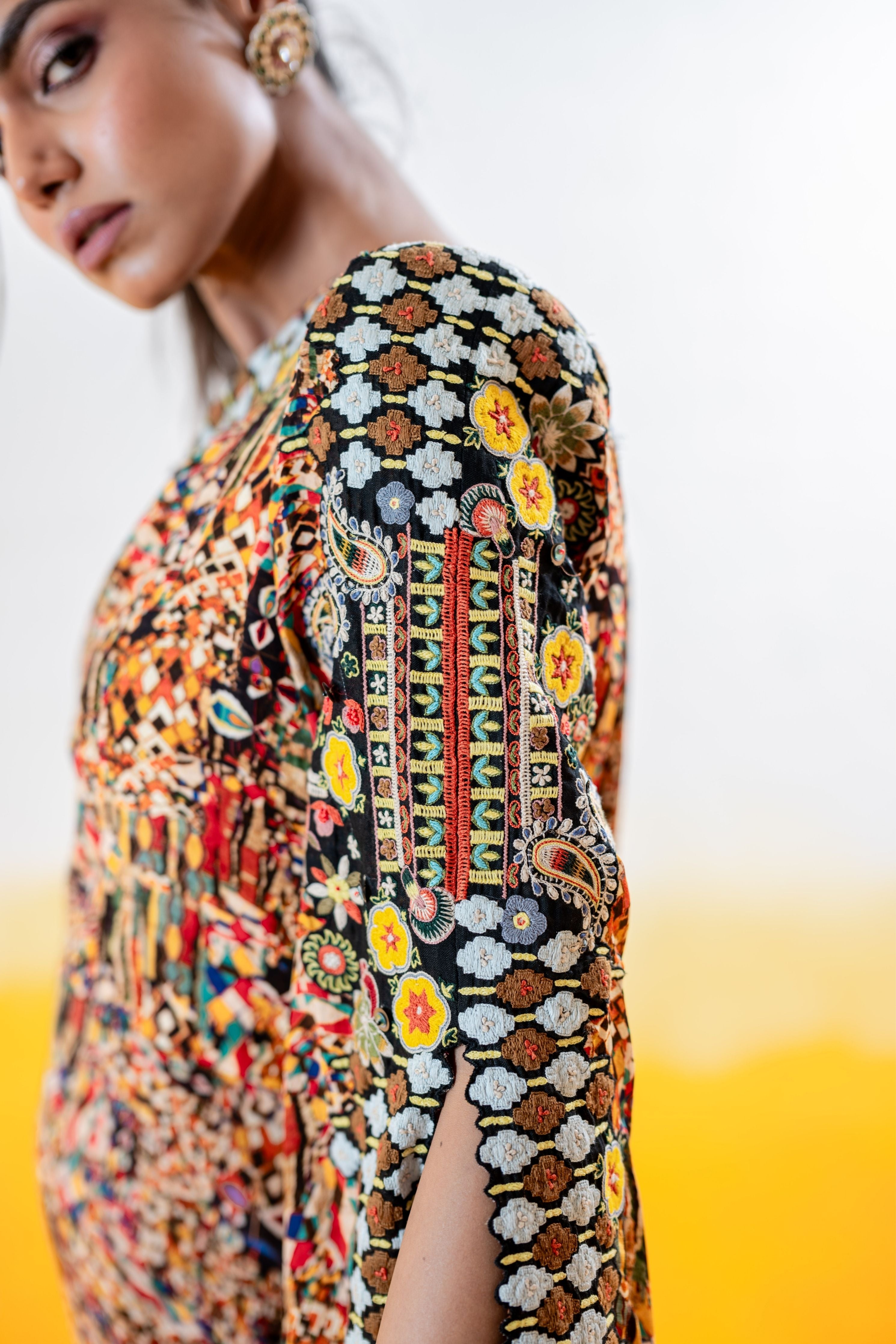 One Shoulder Printed Jumpsuit With Embroidery