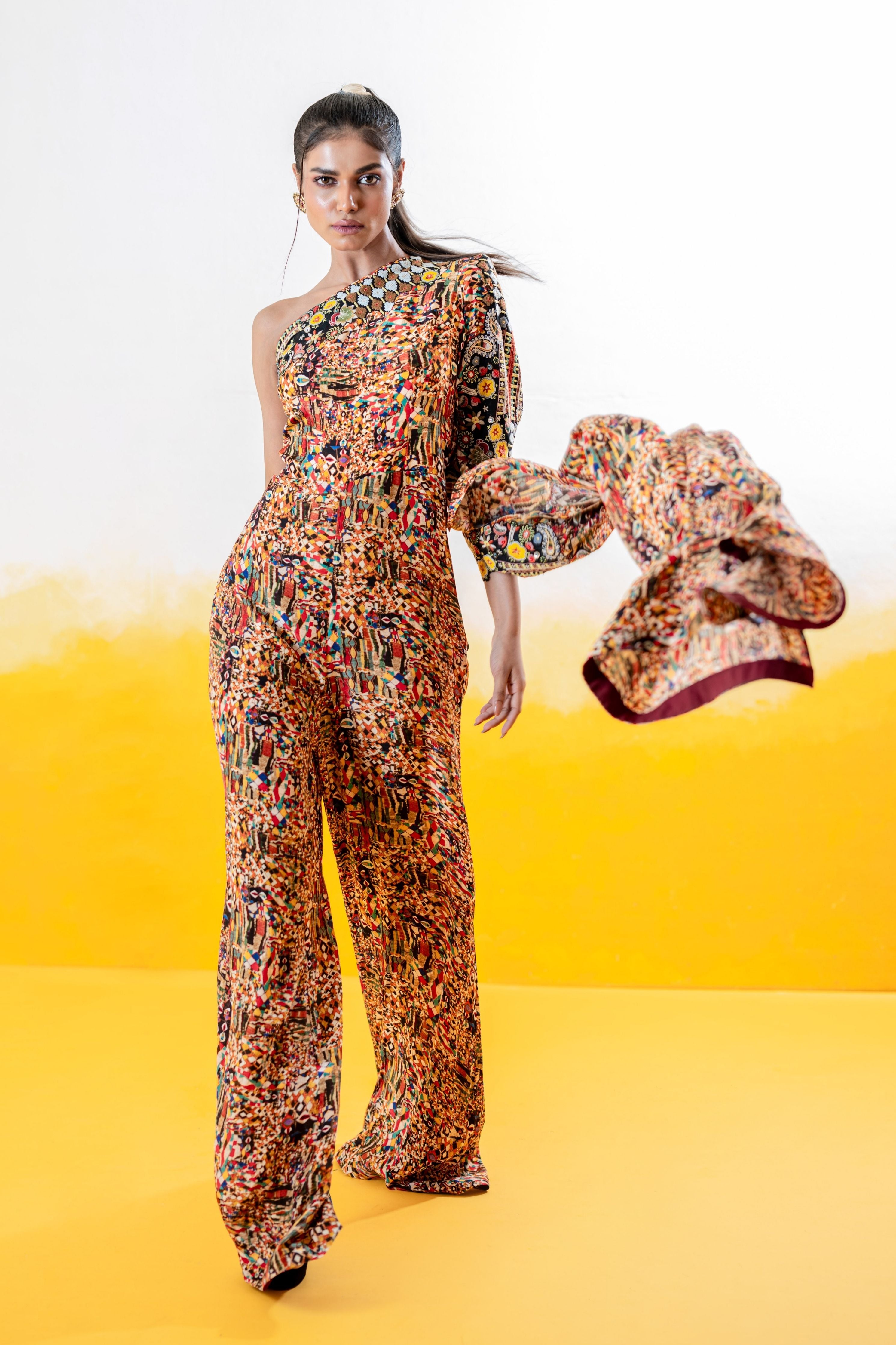 One Shoulder Printed Jumpsuit With Embroidery