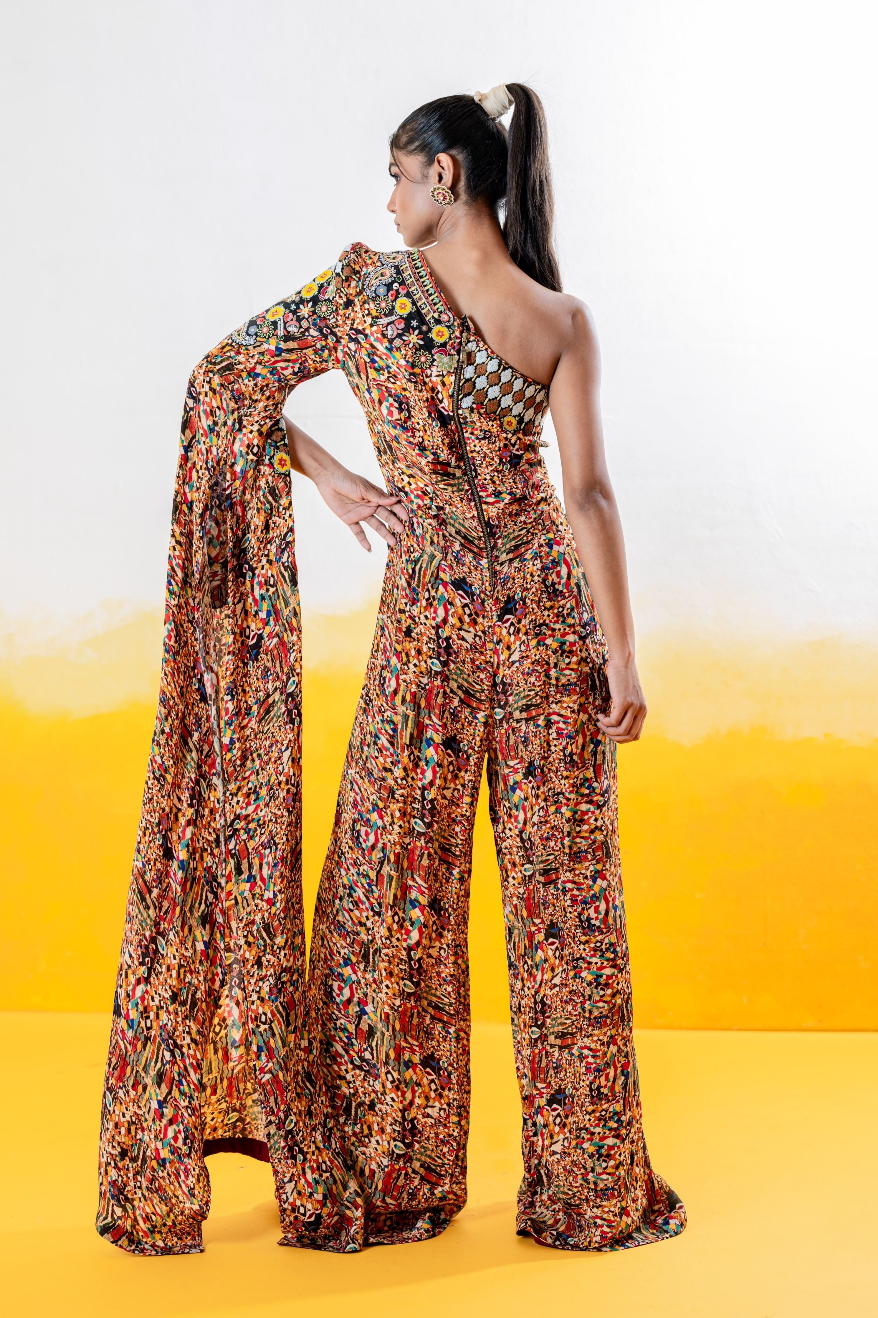 One Shoulder Printed Jumpsuit With Embroidery