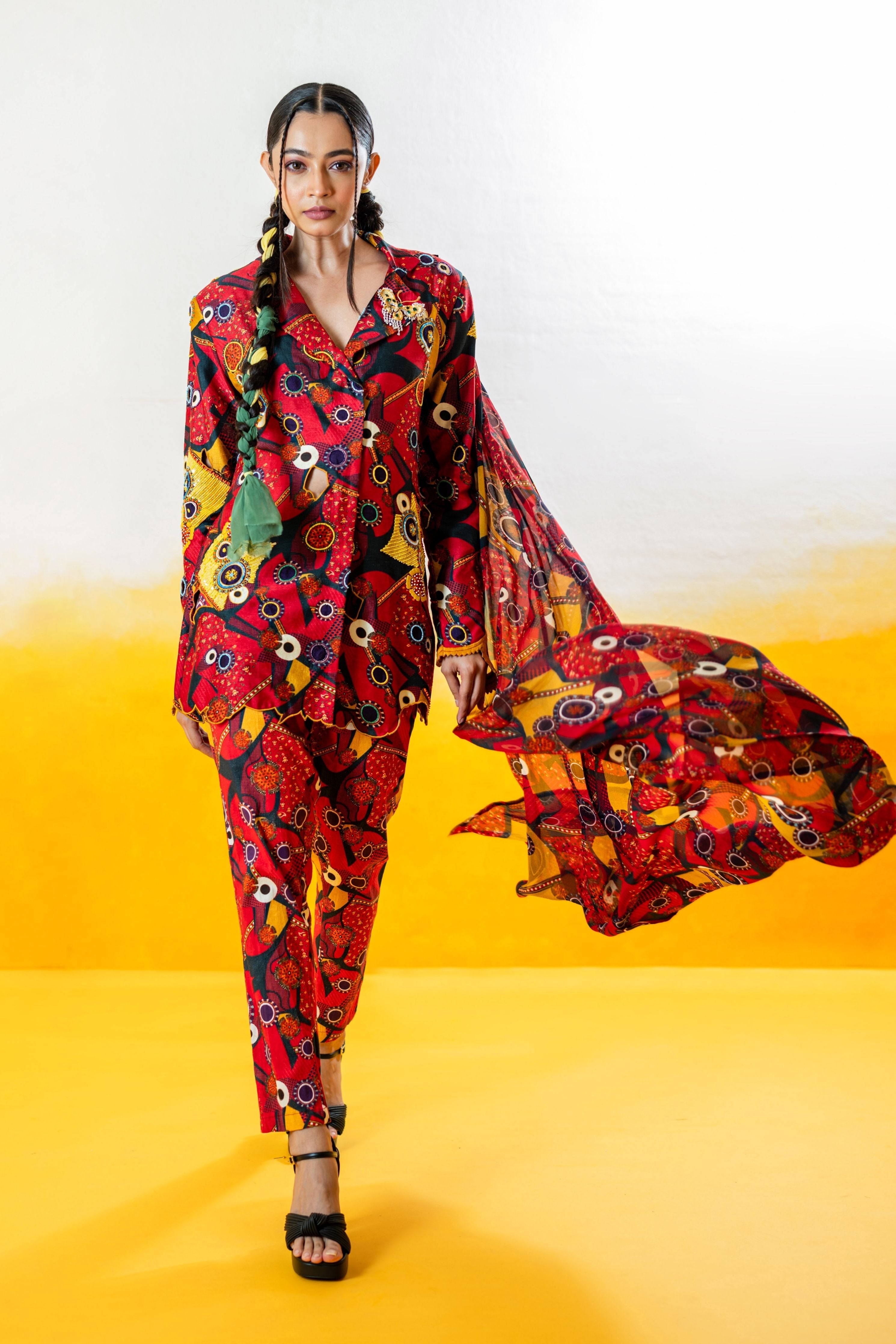 Printed Embroidered Pant Suit With Detachable Saree Drape