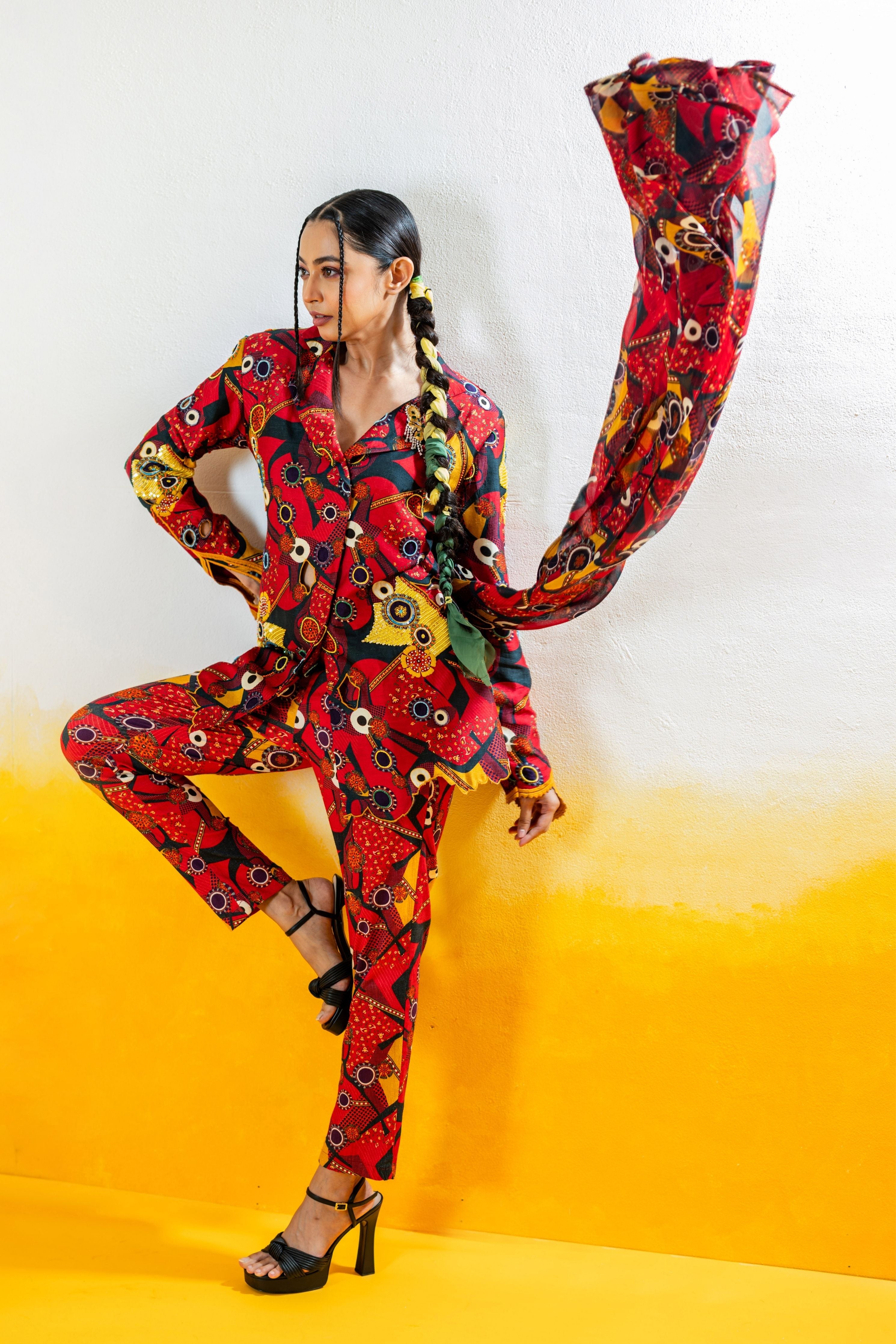 Printed Embroidered Pant Suit With Detachable Saree Drape