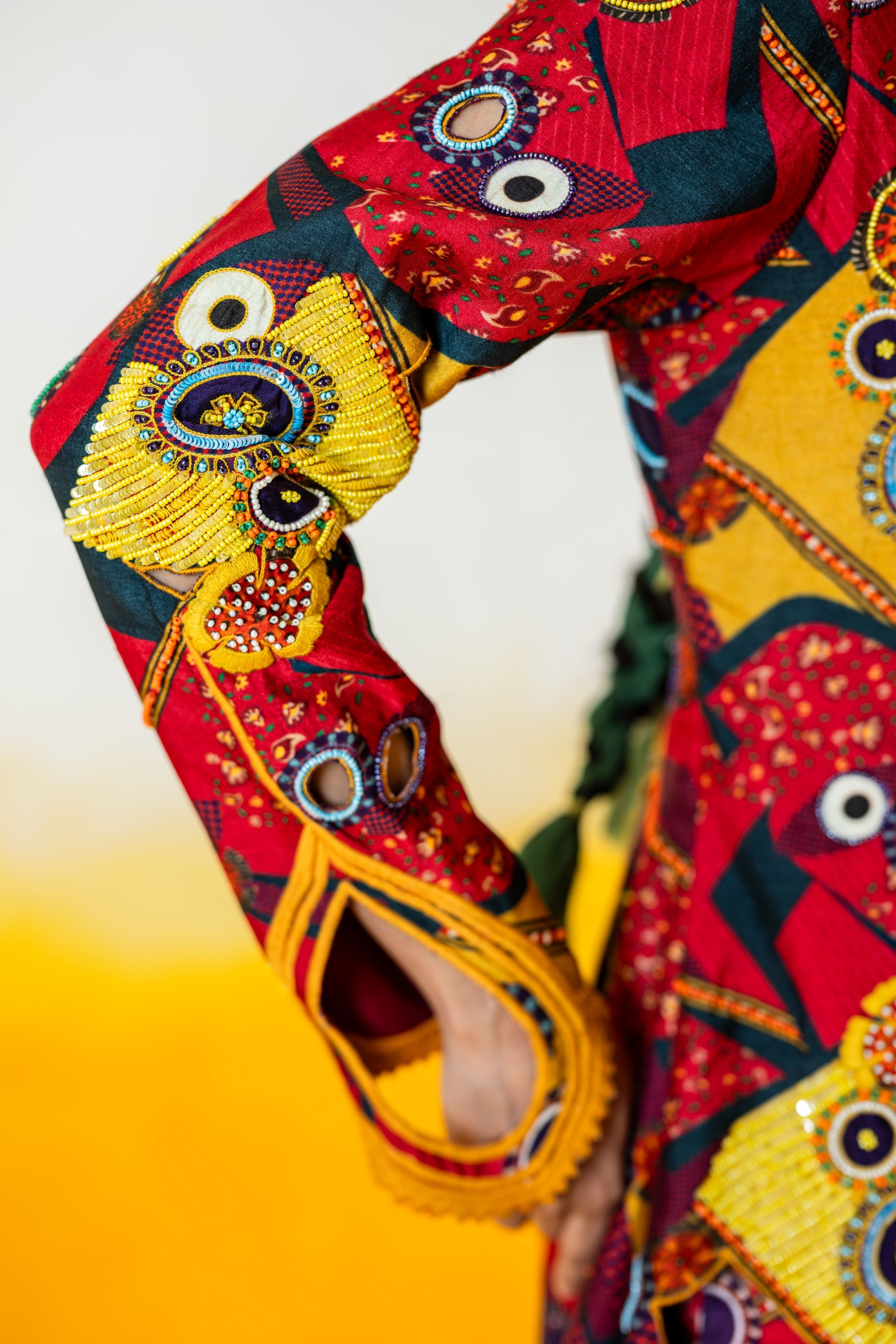 Printed Embroidered Pant Suit With Detachable Saree Drape