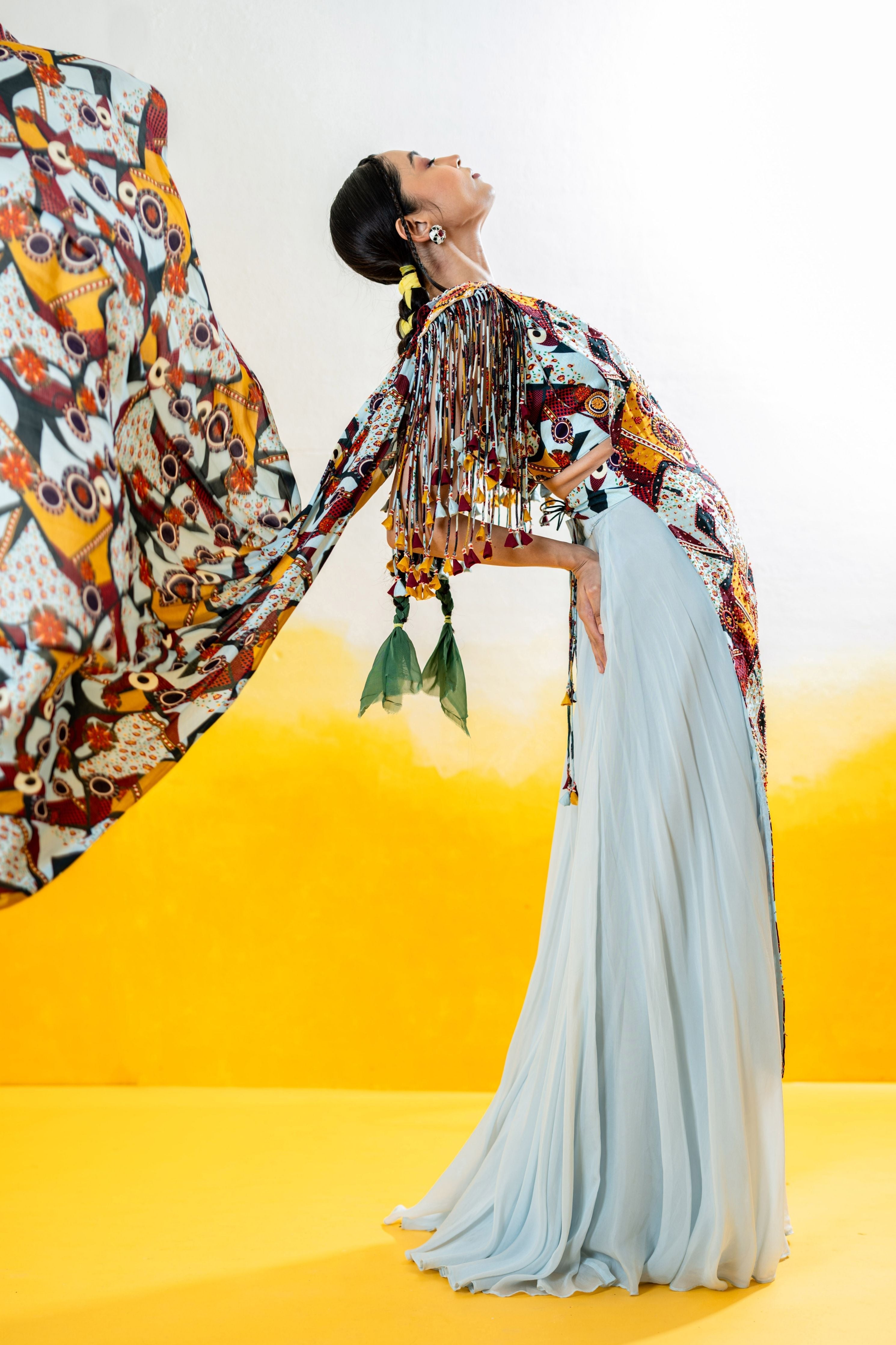 Sharara And Tassels Blouse With Saree Style Embroidered Drape