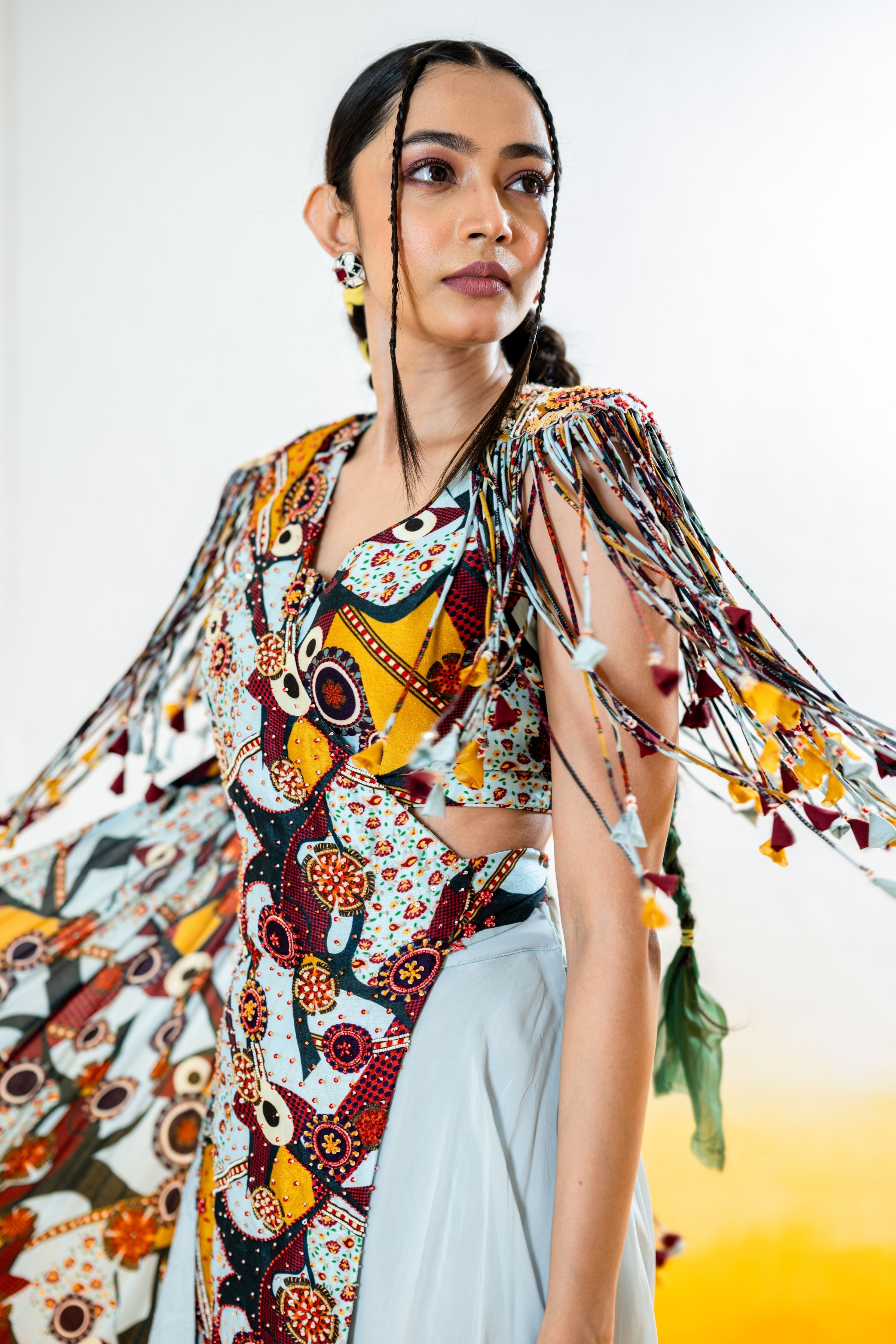 Sharara And Tassels Blouse With Saree Style Embroidered Drape