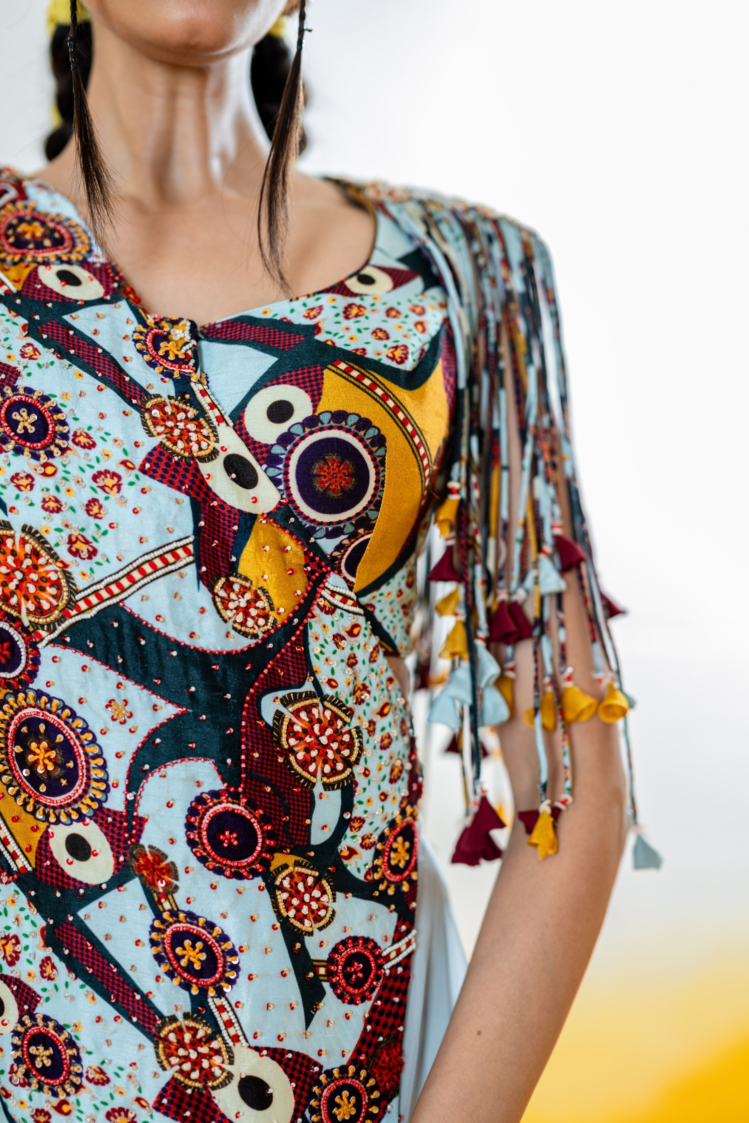Sharara And Tassels Blouse With Saree Style Embroidered Drape