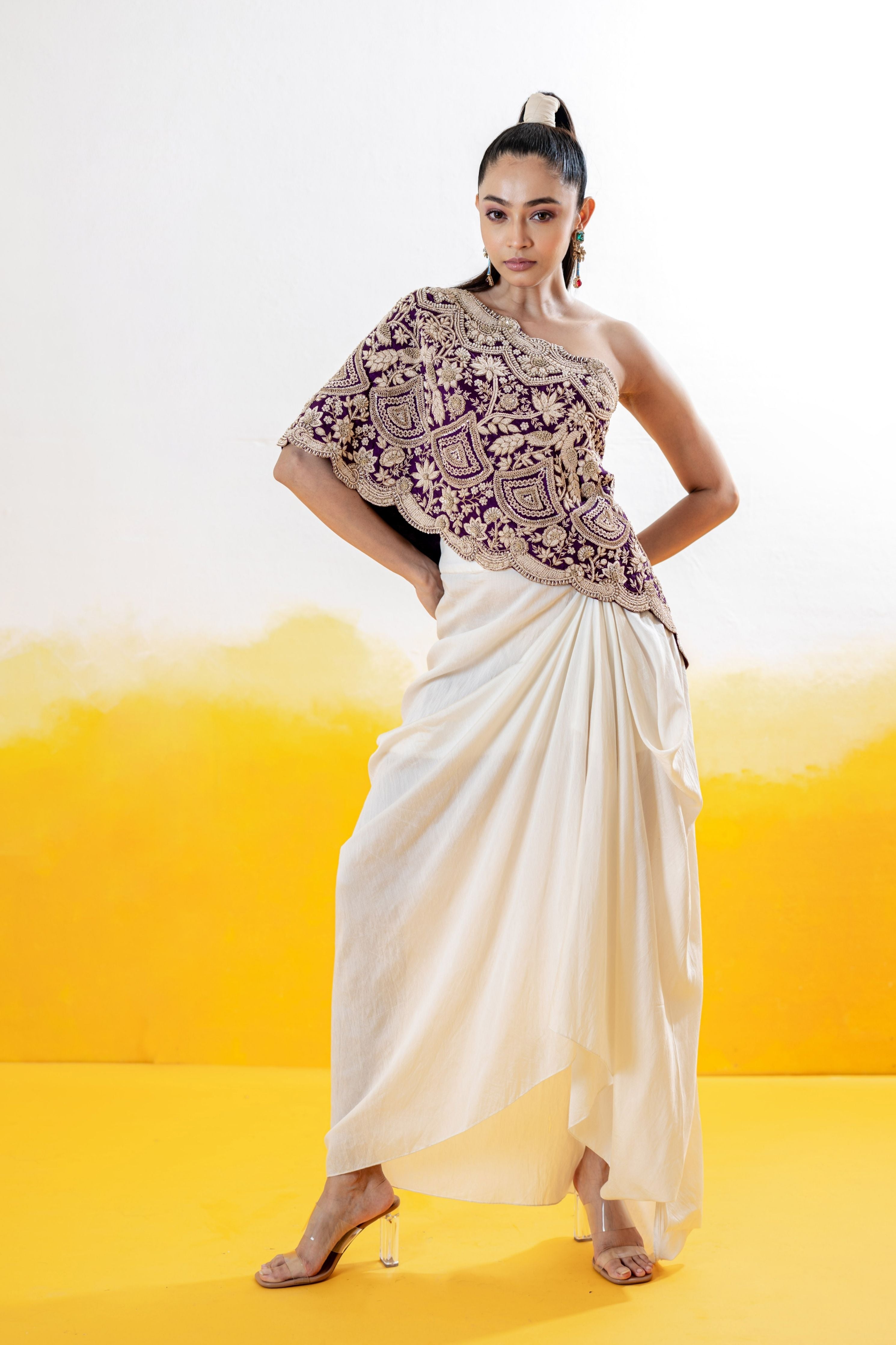 One Shoulder Zardosi Embroidered Cape With Drape Skirt