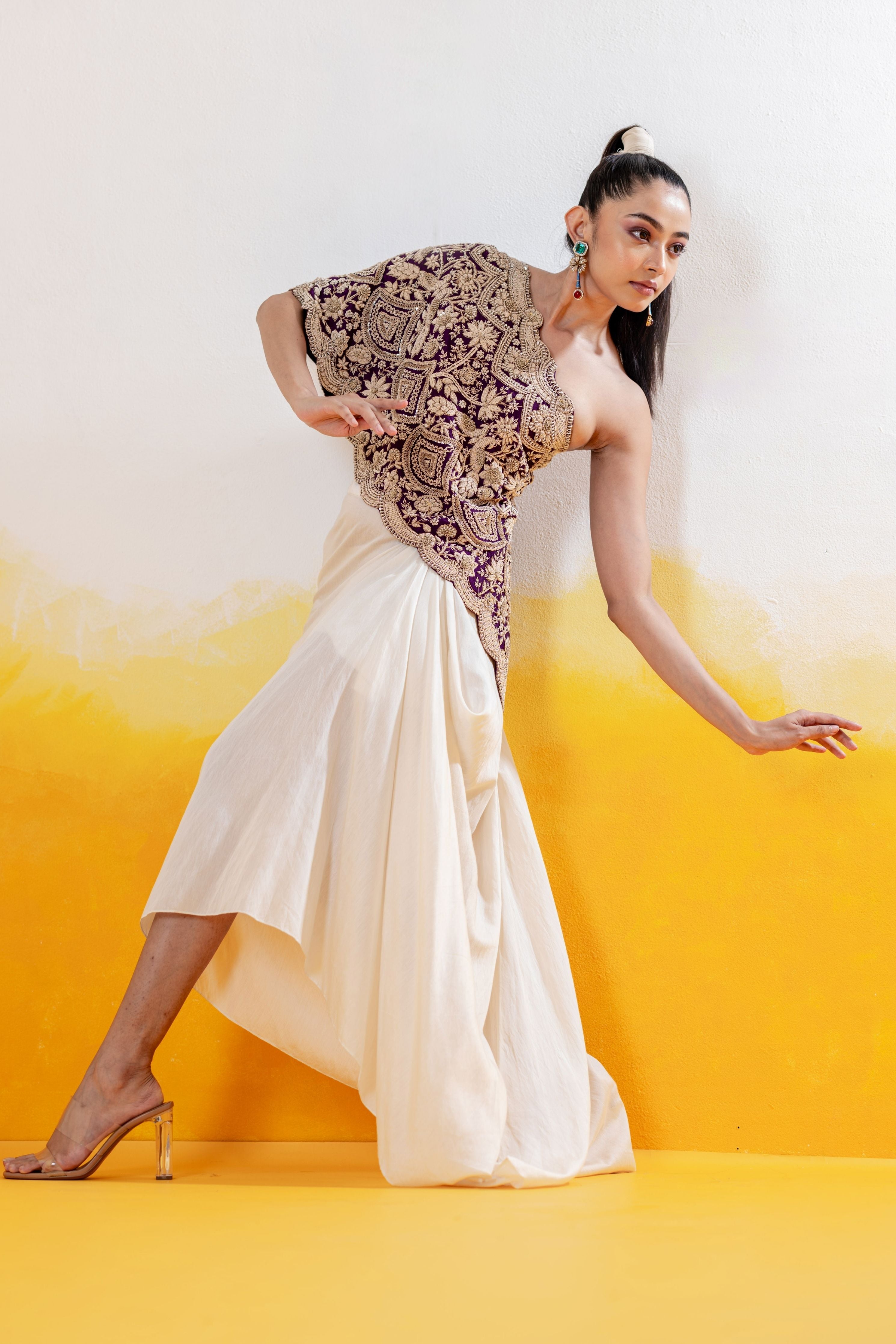 One Shoulder Zardosi Embroidered Cape With Drape Skirt
