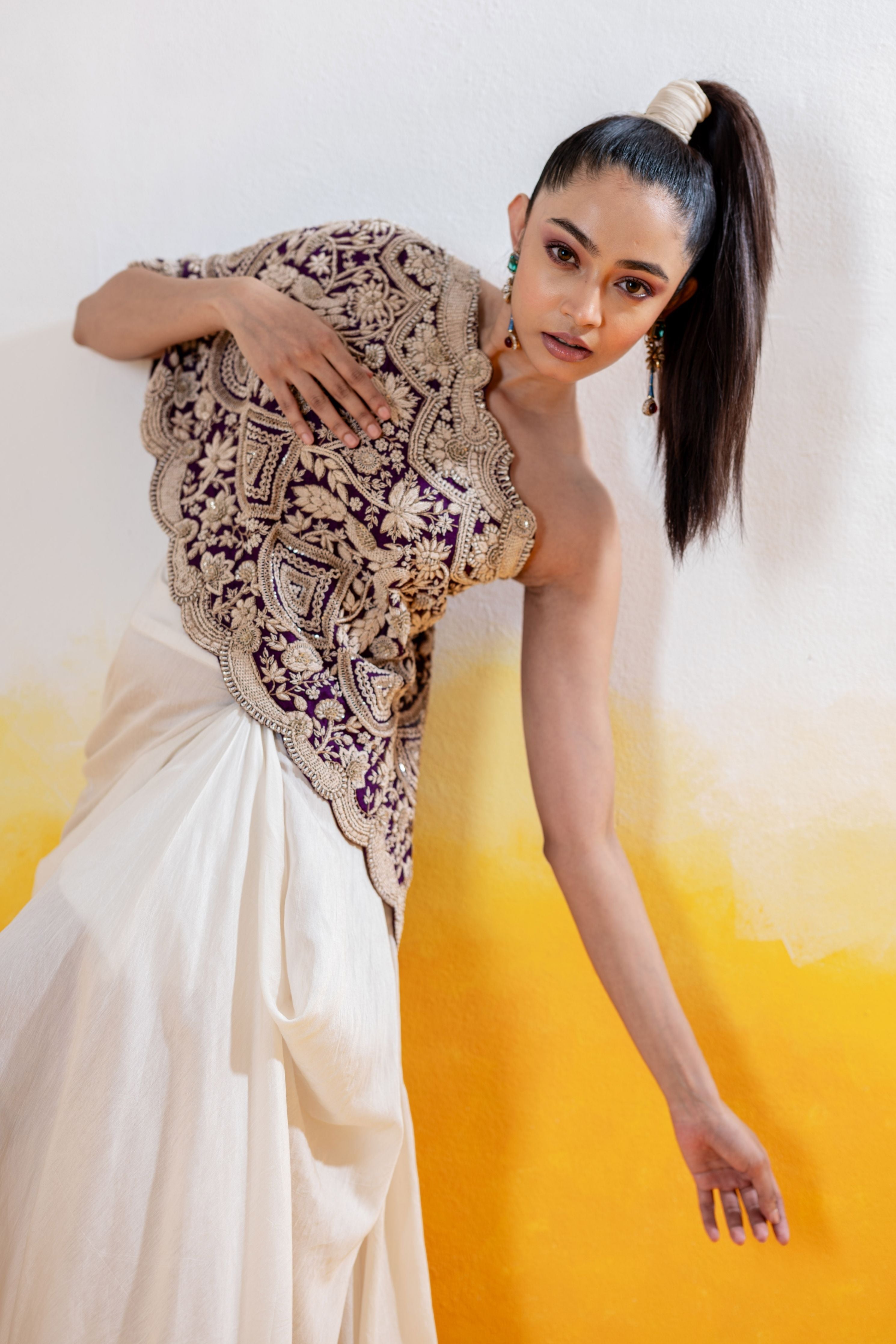 One Shoulder Zardosi Embroidered Cape With Drape Skirt
