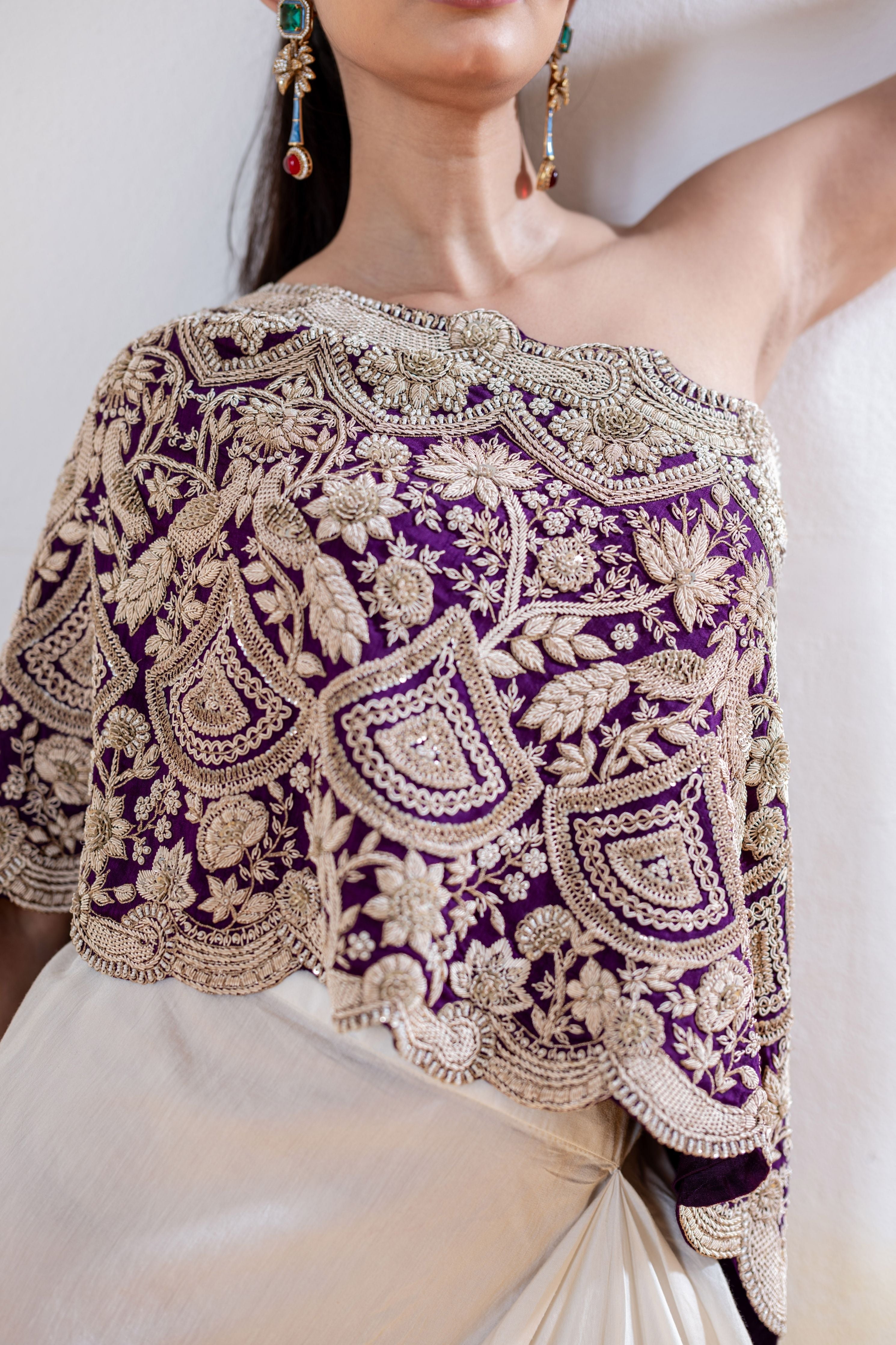 One Shoulder Zardosi Embroidered Cape With Drape Skirt