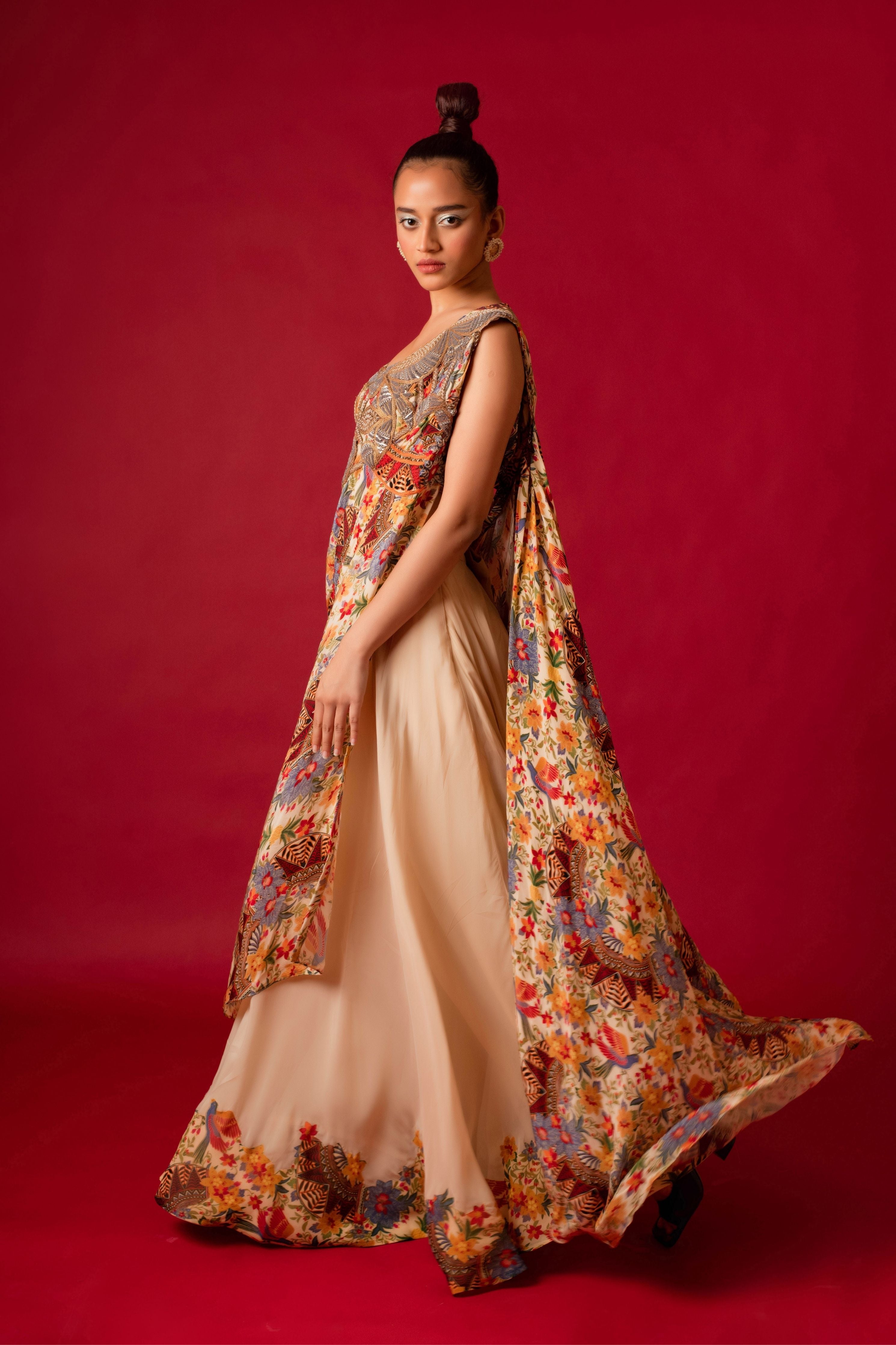 Ivory Sharara With Printed Drape And Blouse