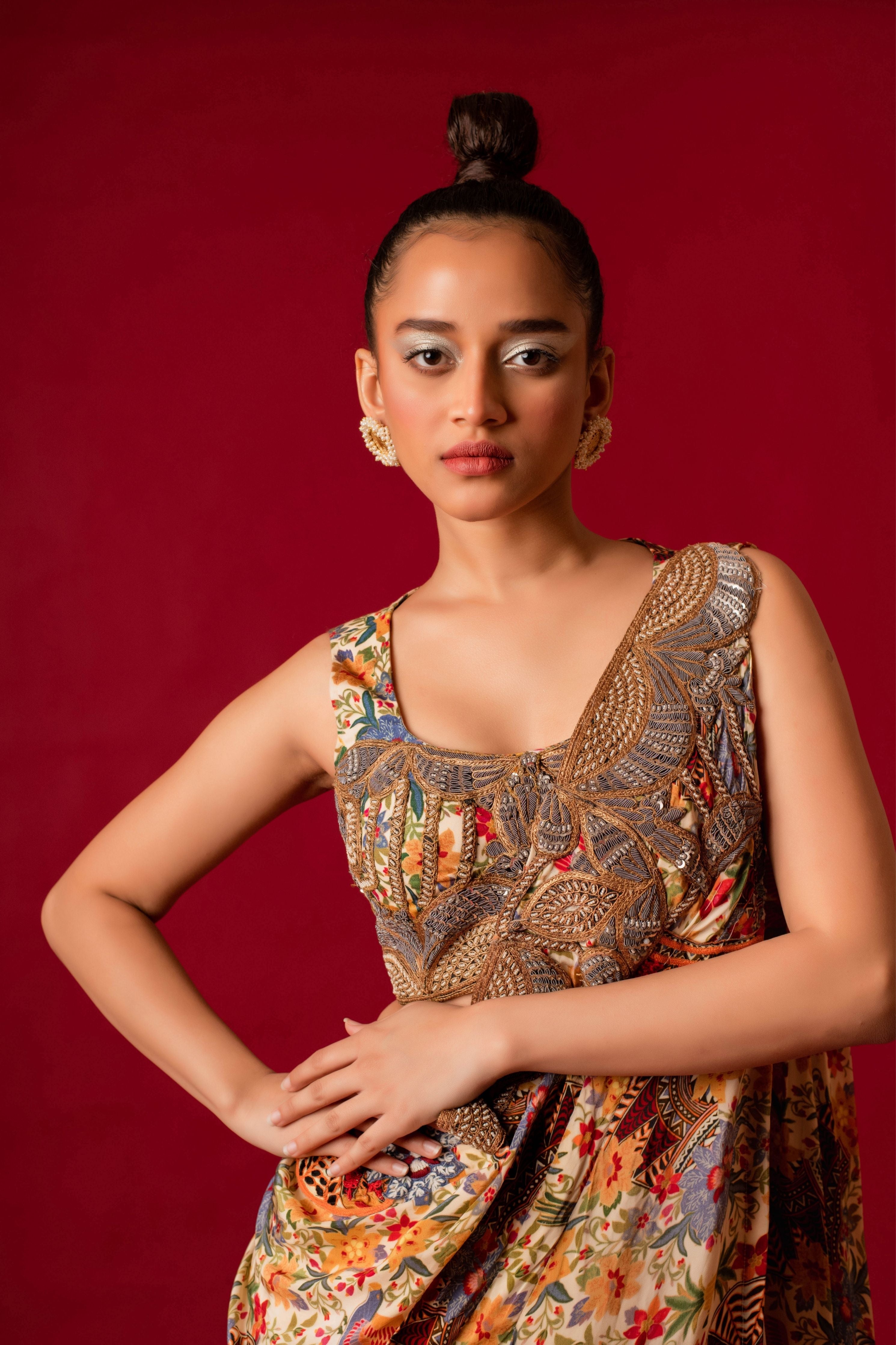 Ivory Sharara With Printed Drape And Blouse