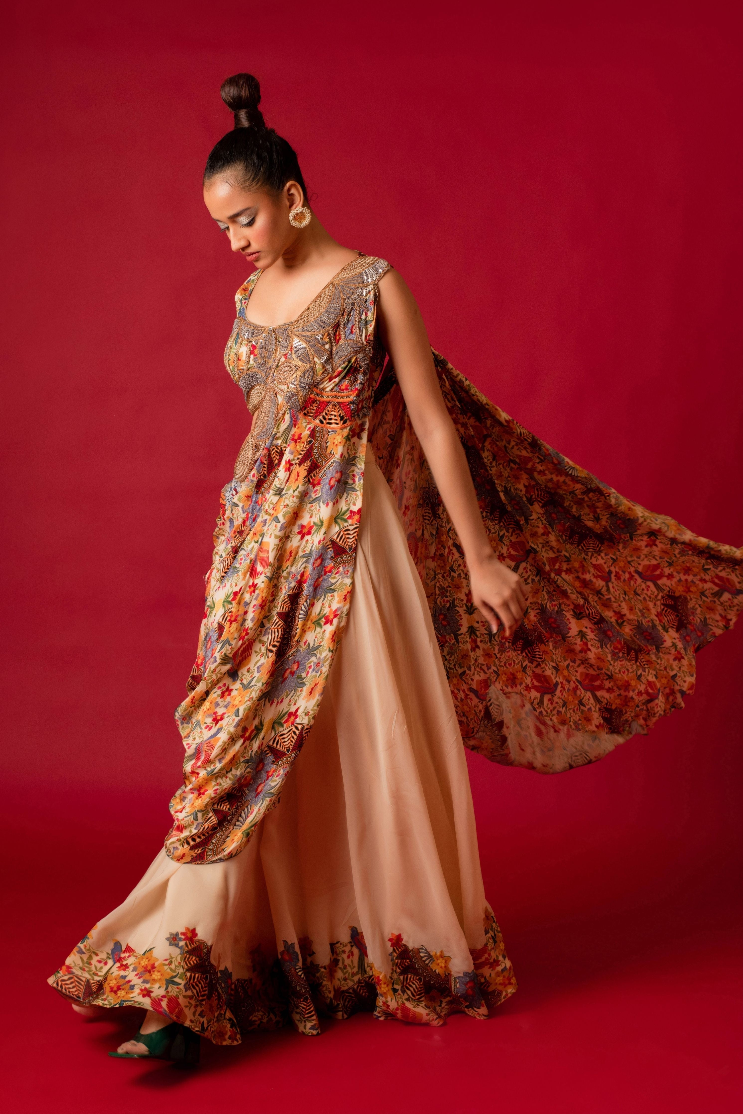 Ivory Sharara With Printed Drape And Blouse