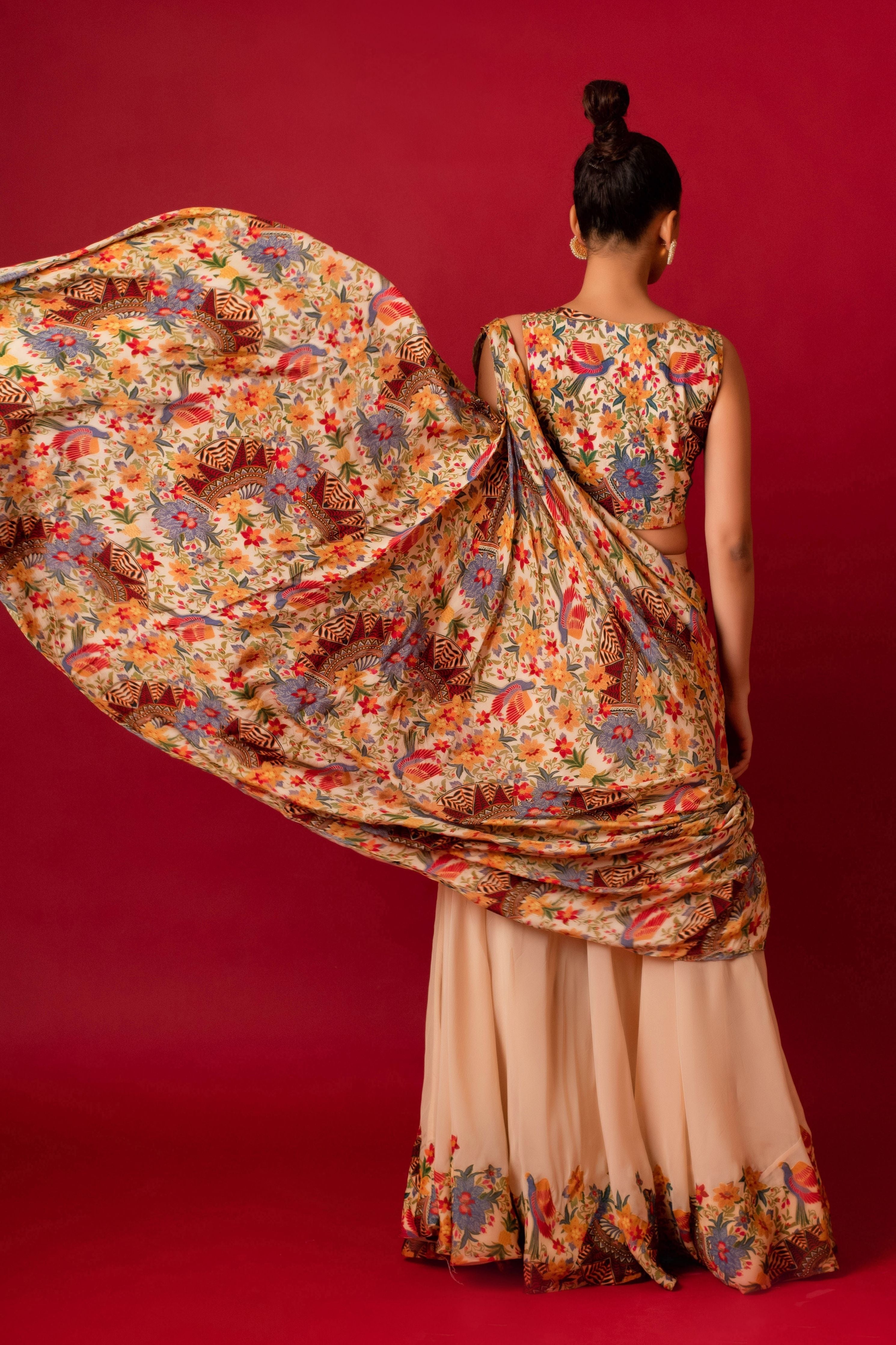 Ivory Sharara With Printed Drape And Blouse