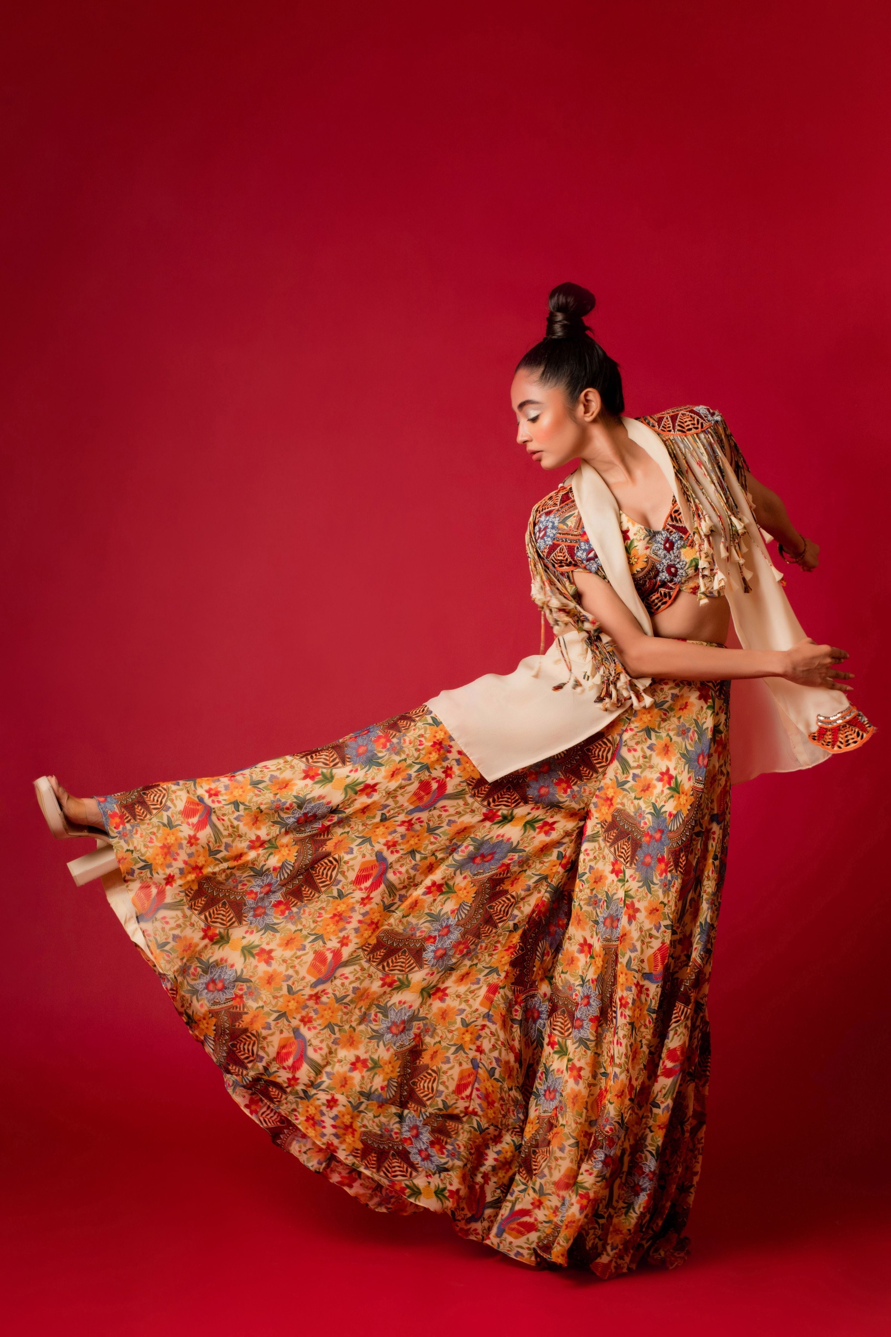 Printed Sharara With Bustier And Embroidered Short Jacket