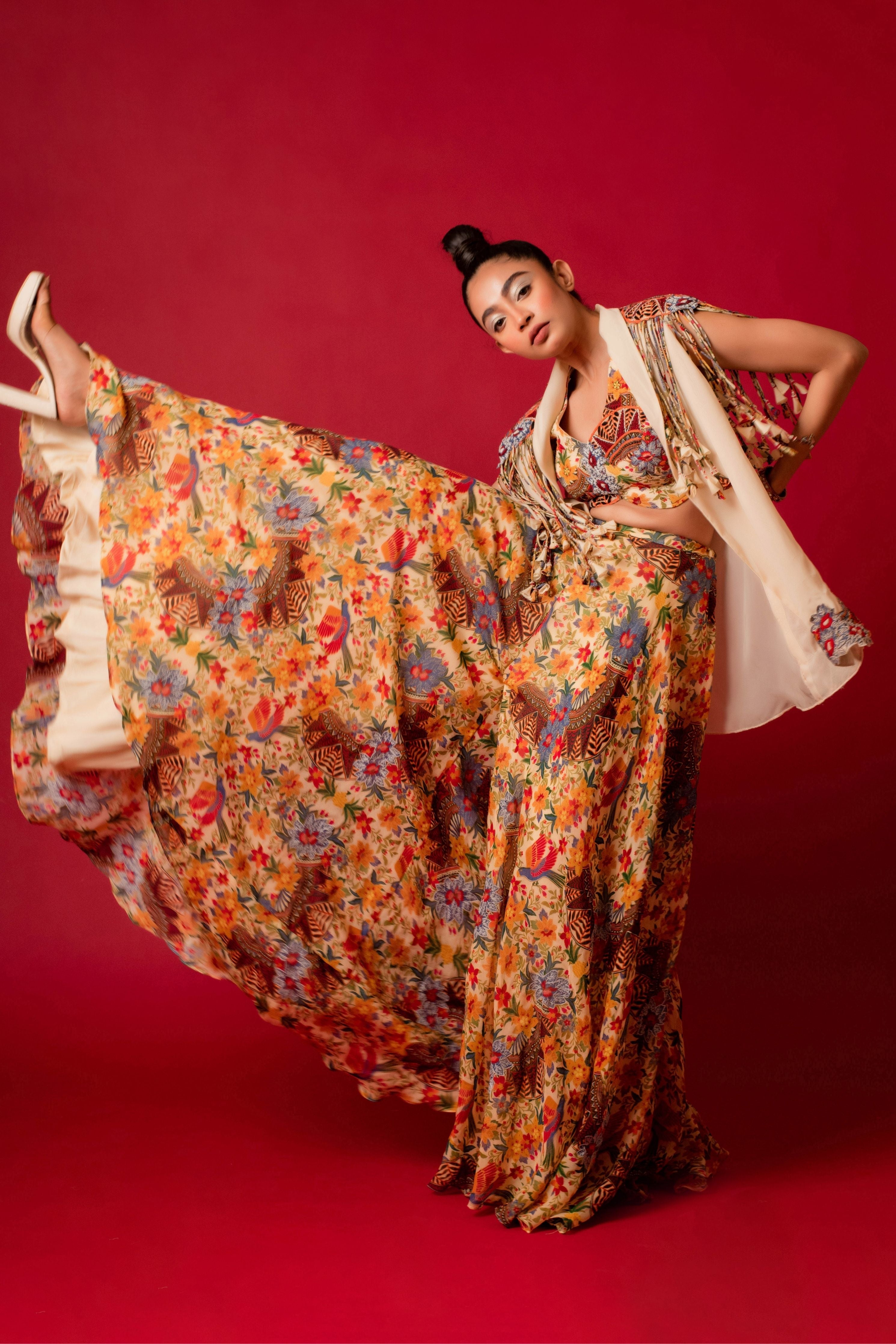 Printed Sharara With Bustier And Embroidered Short Jacket