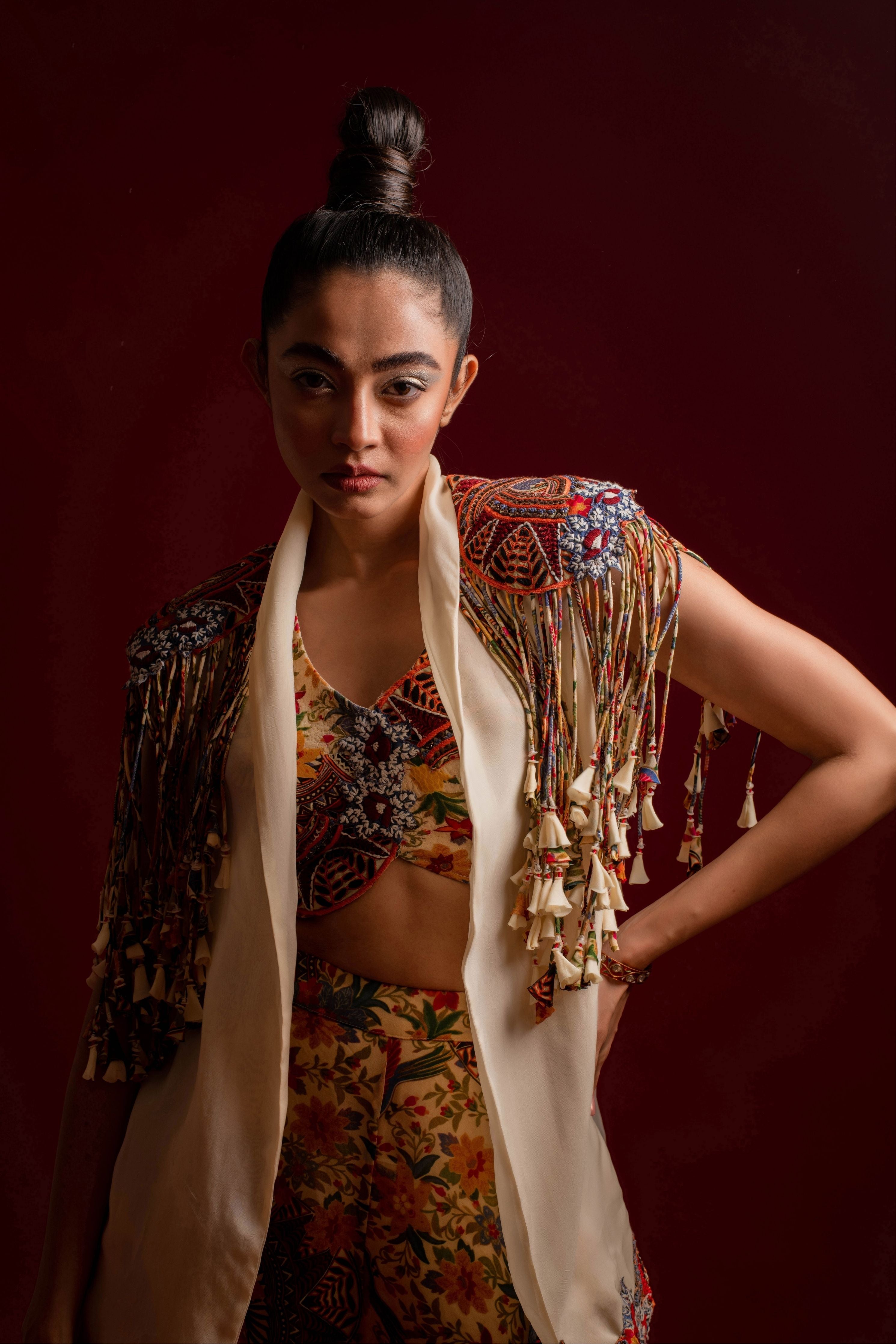 Printed Sharara With Bustier And Embroidered Short Jacket