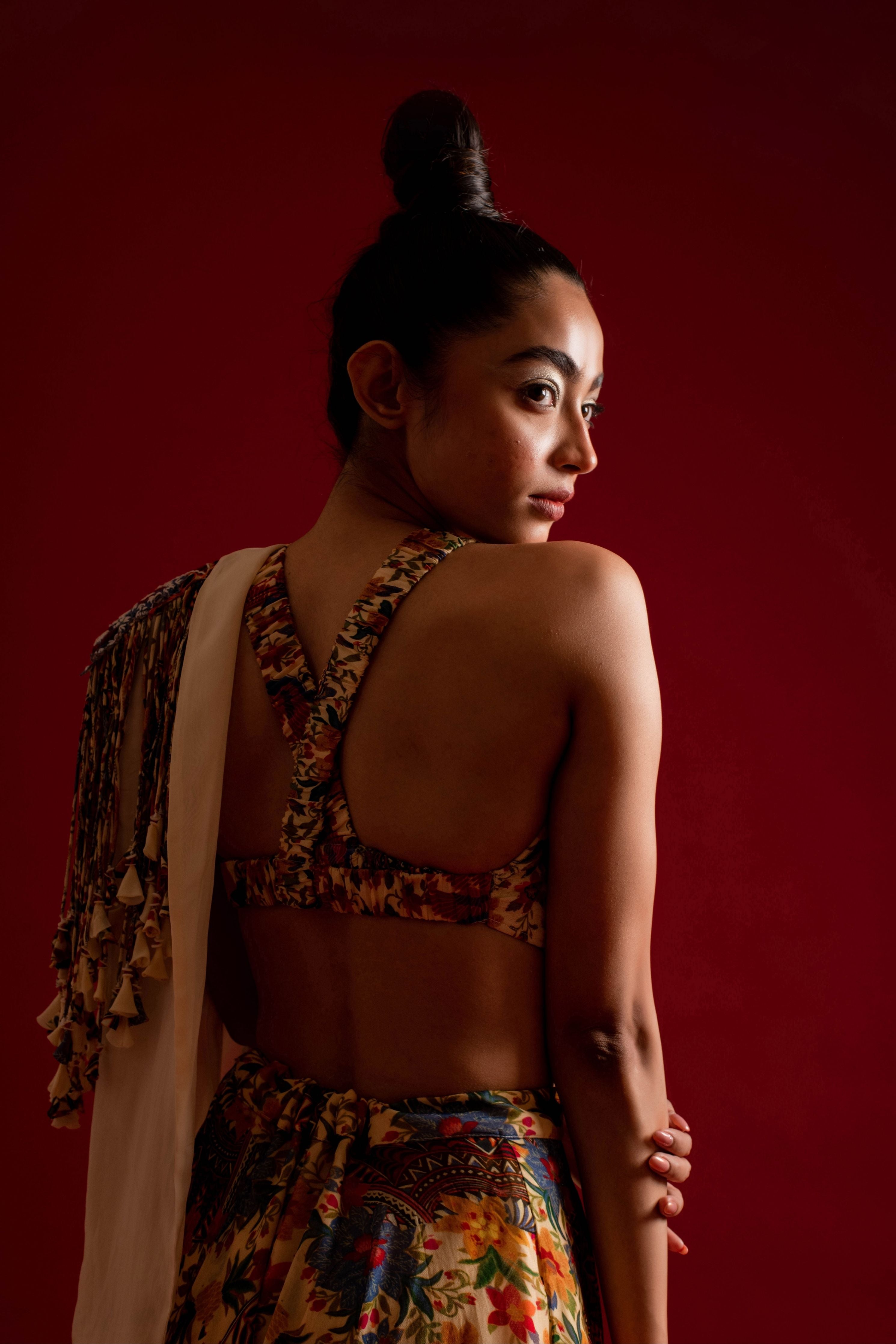 Printed Sharara With Bustier And Embroidered Short Jacket
