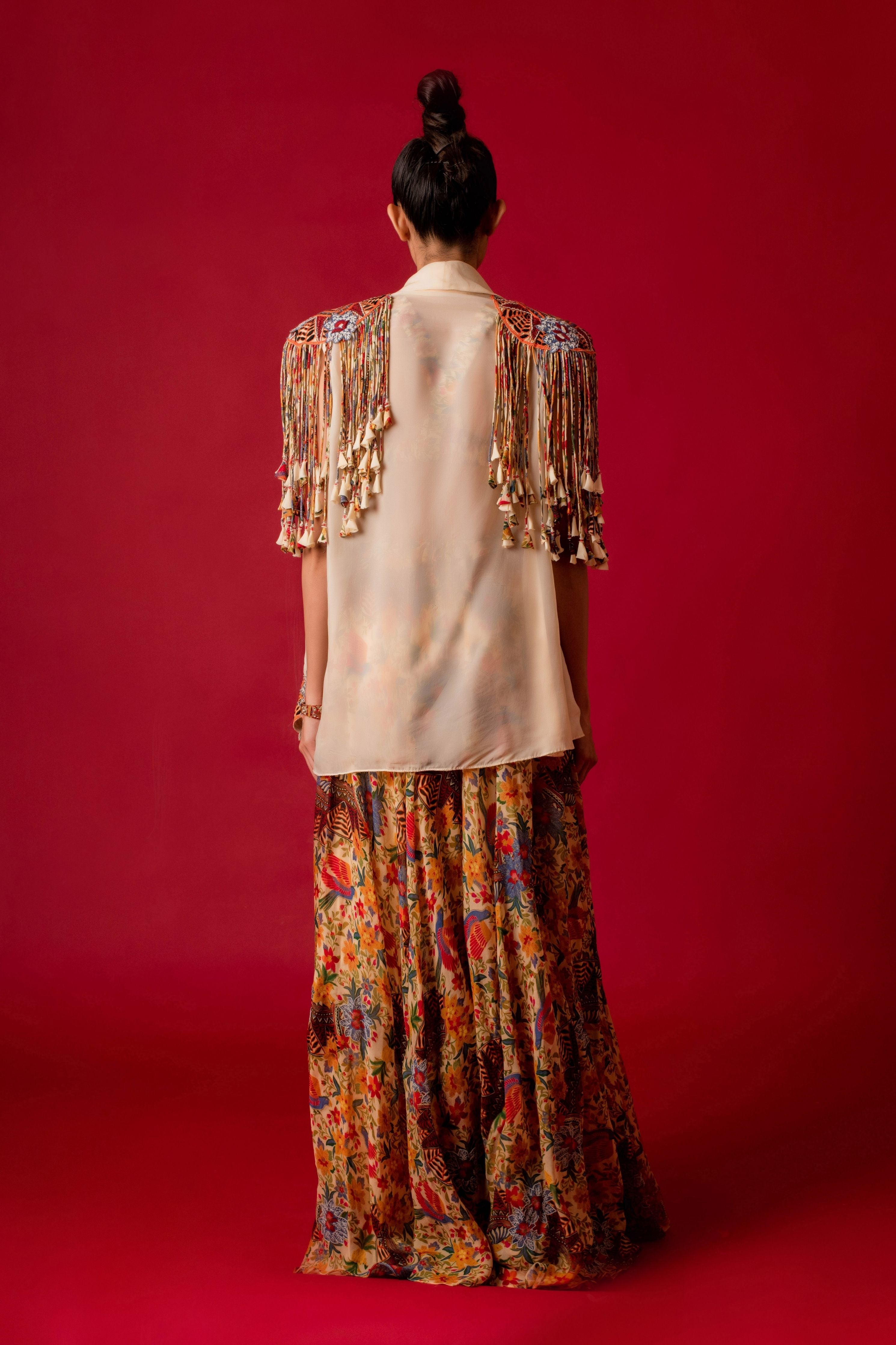 Printed Sharara With Bustier And Embroidered Short Jacket