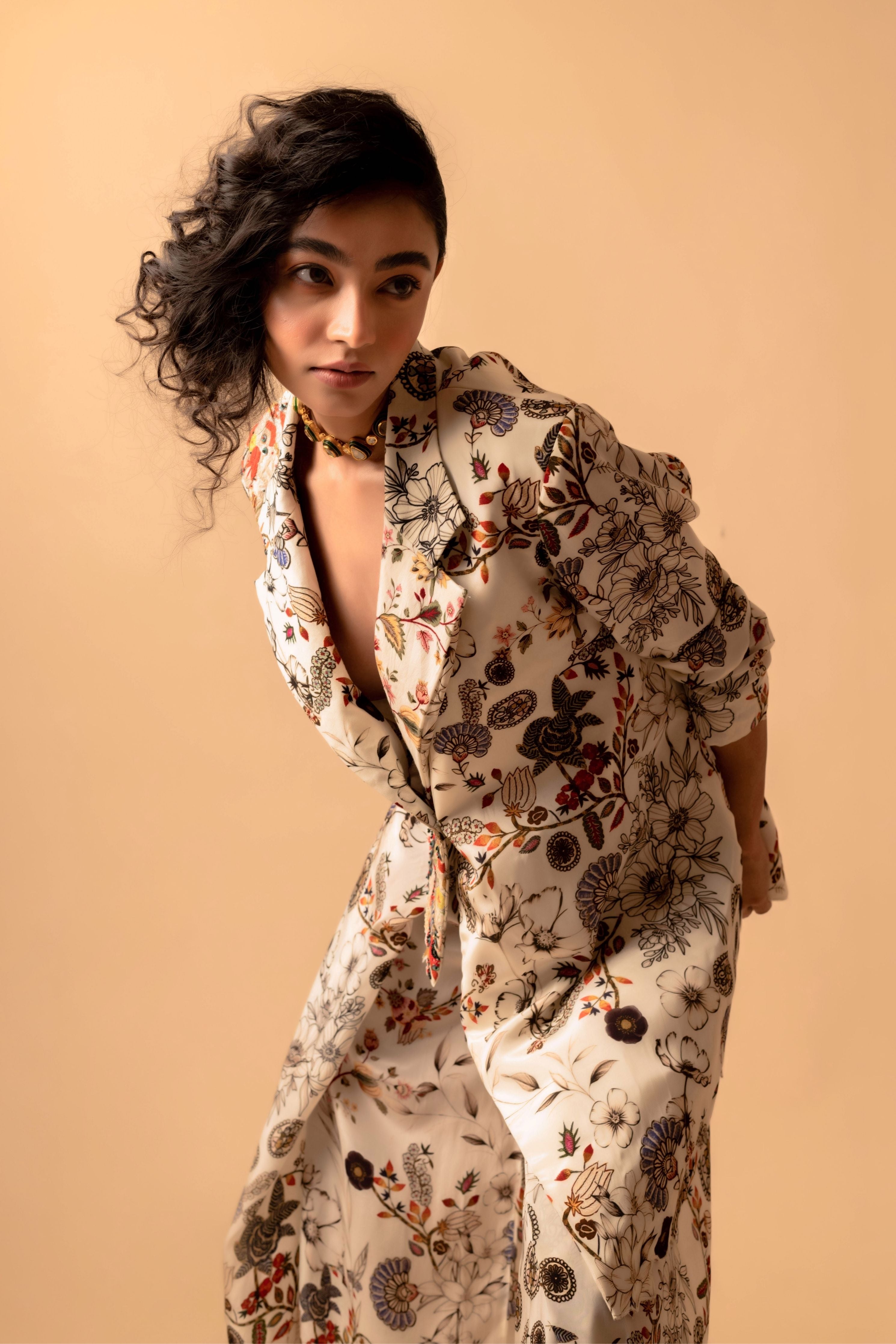 Printed Pant Suit With Embroidered Panel