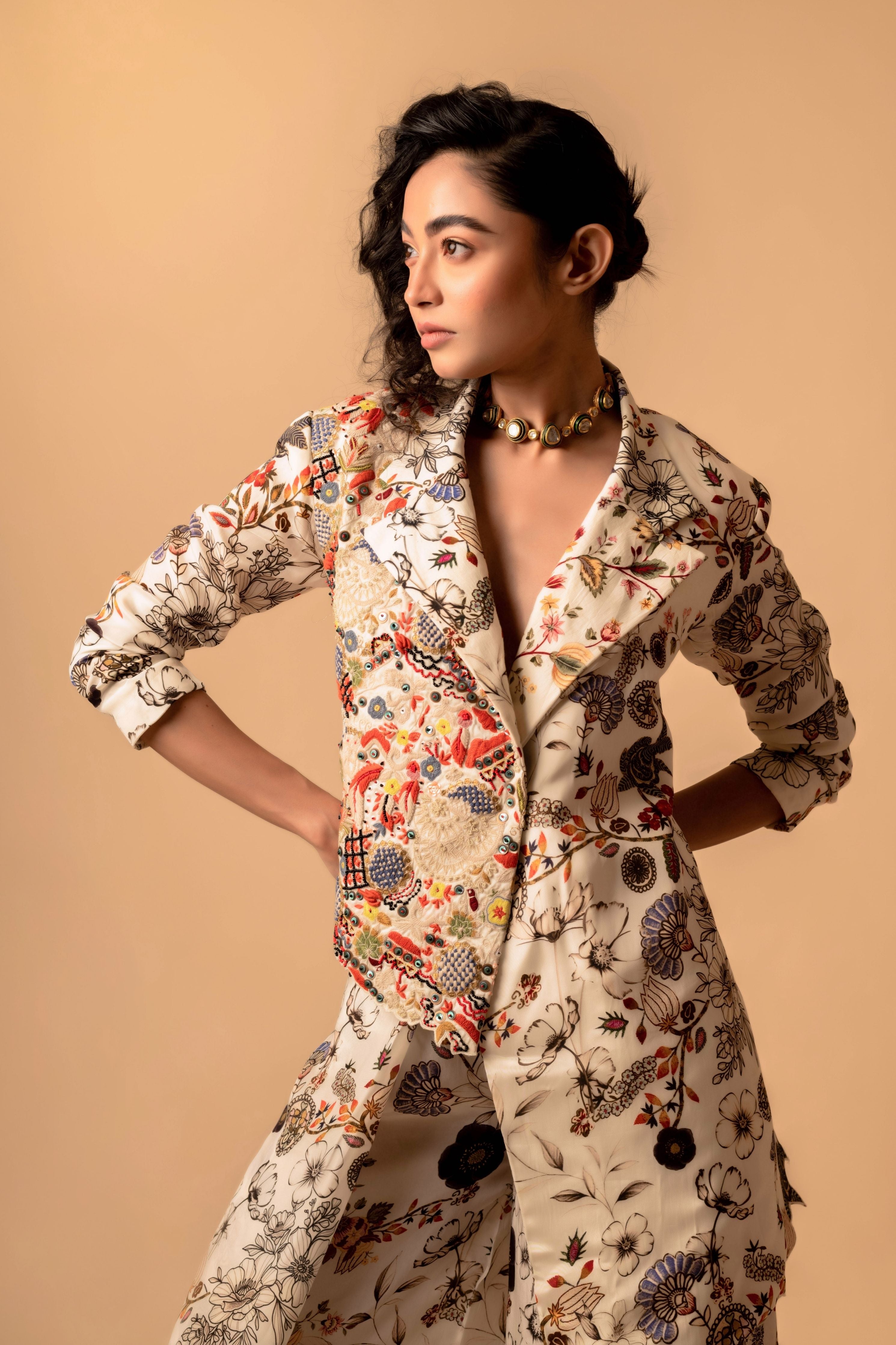 Printed Pant Suit With Embroidered Panel