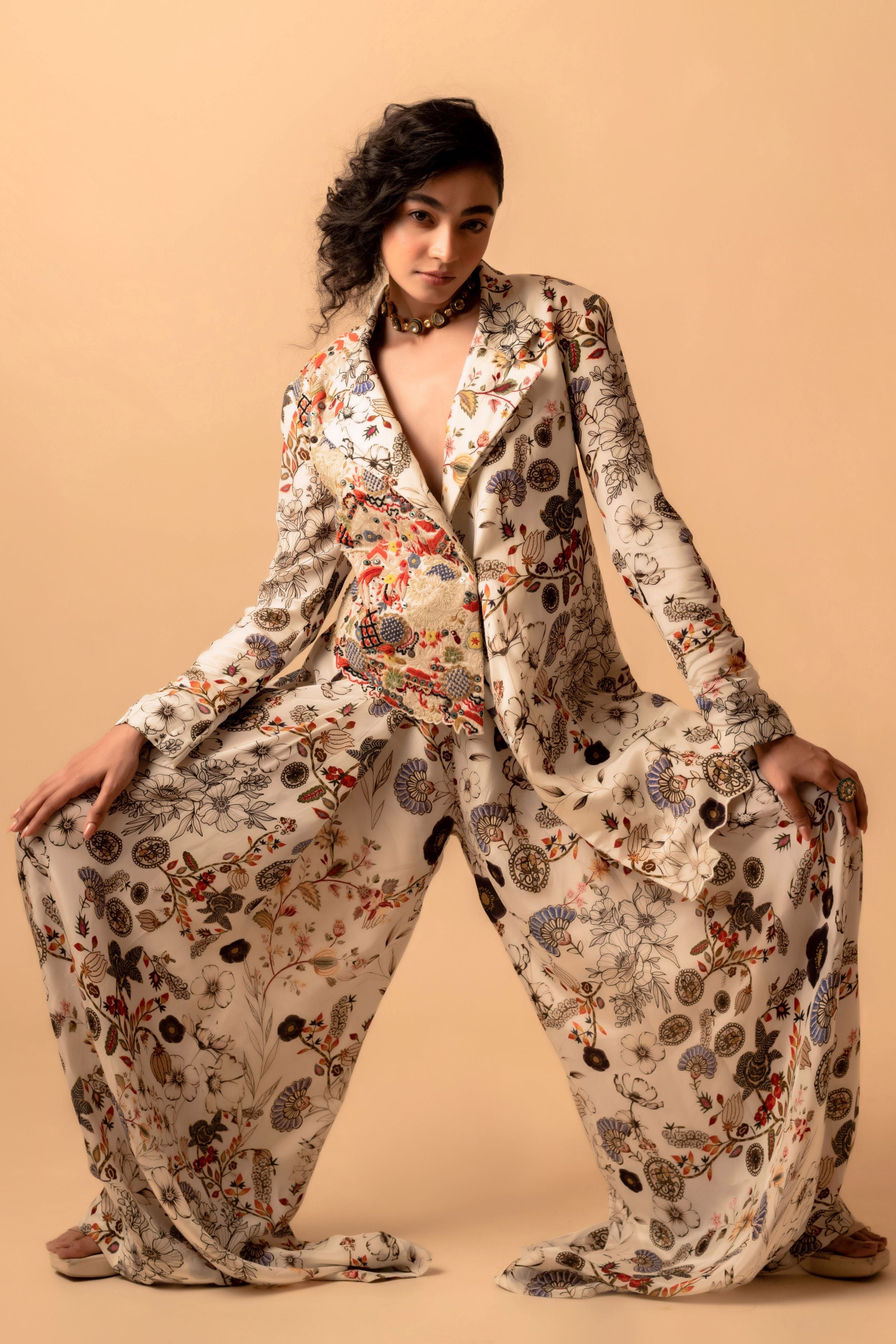 Printed Pant Suit With Embroidered Panel