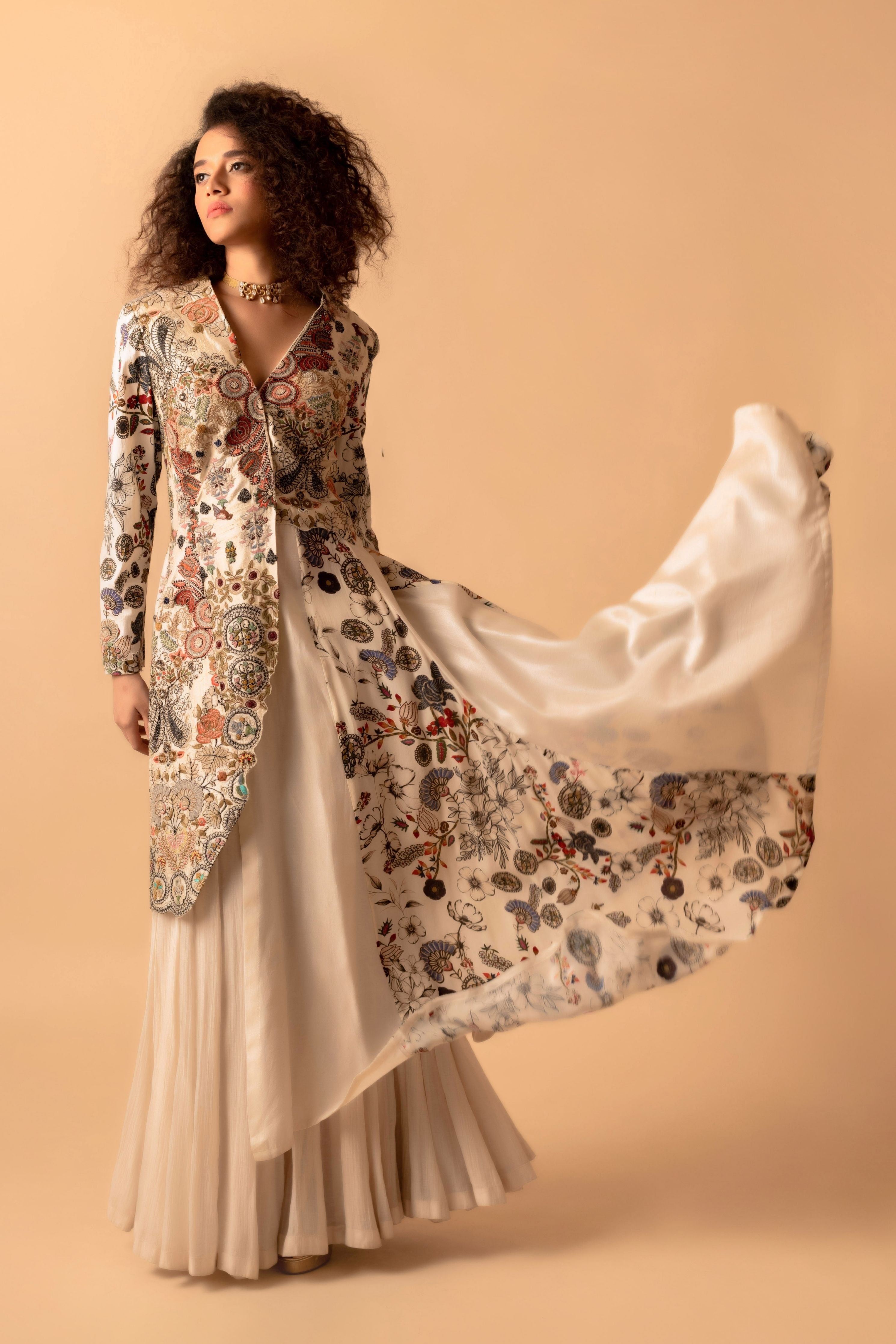 Printed One Shoulder Cape With Pants And Bustier