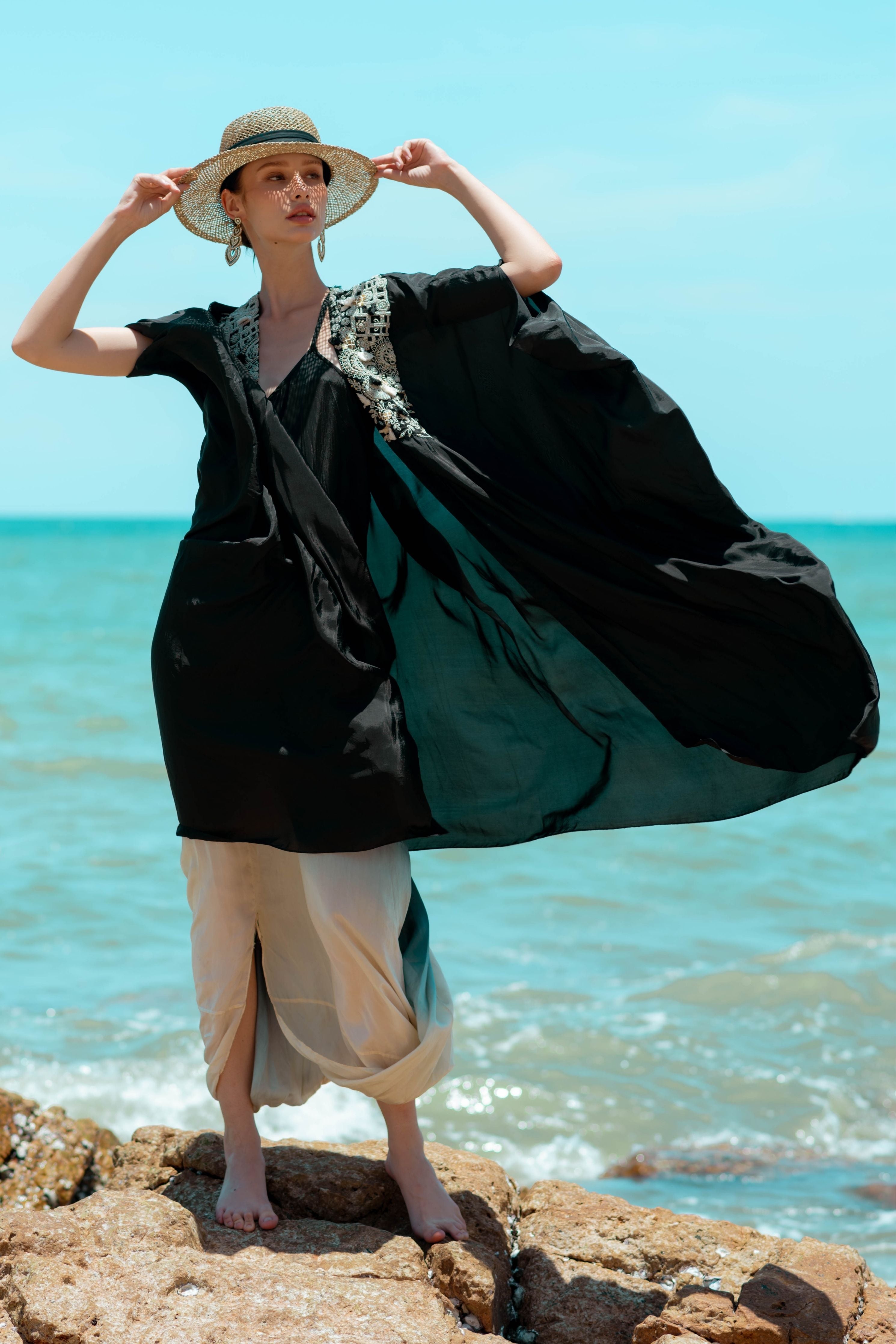Ombre Dyed Cowl Dress With Long Cape
