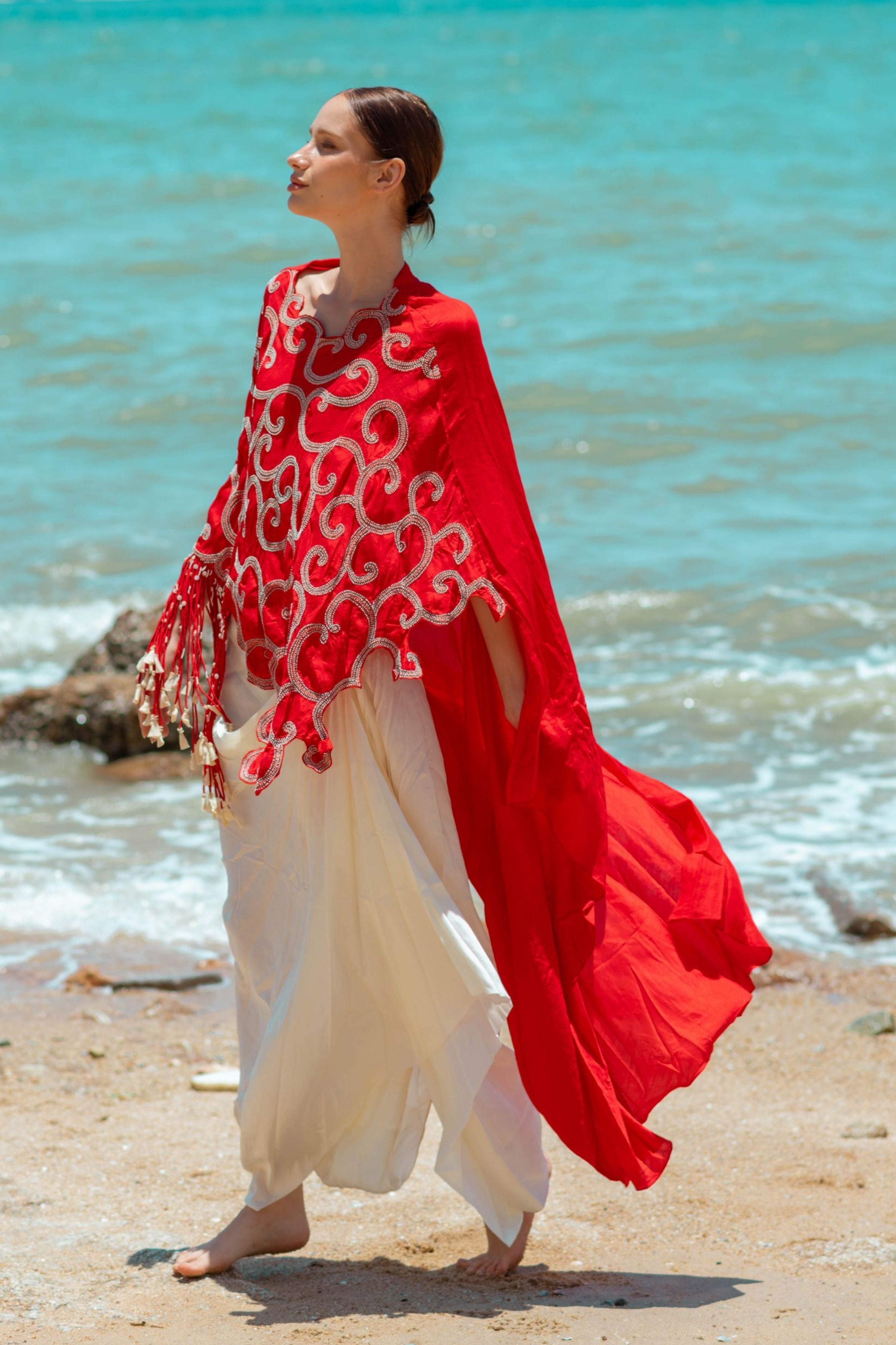 Embroidered Tassel Detailing Cape With Bustier And Drape Skjirt