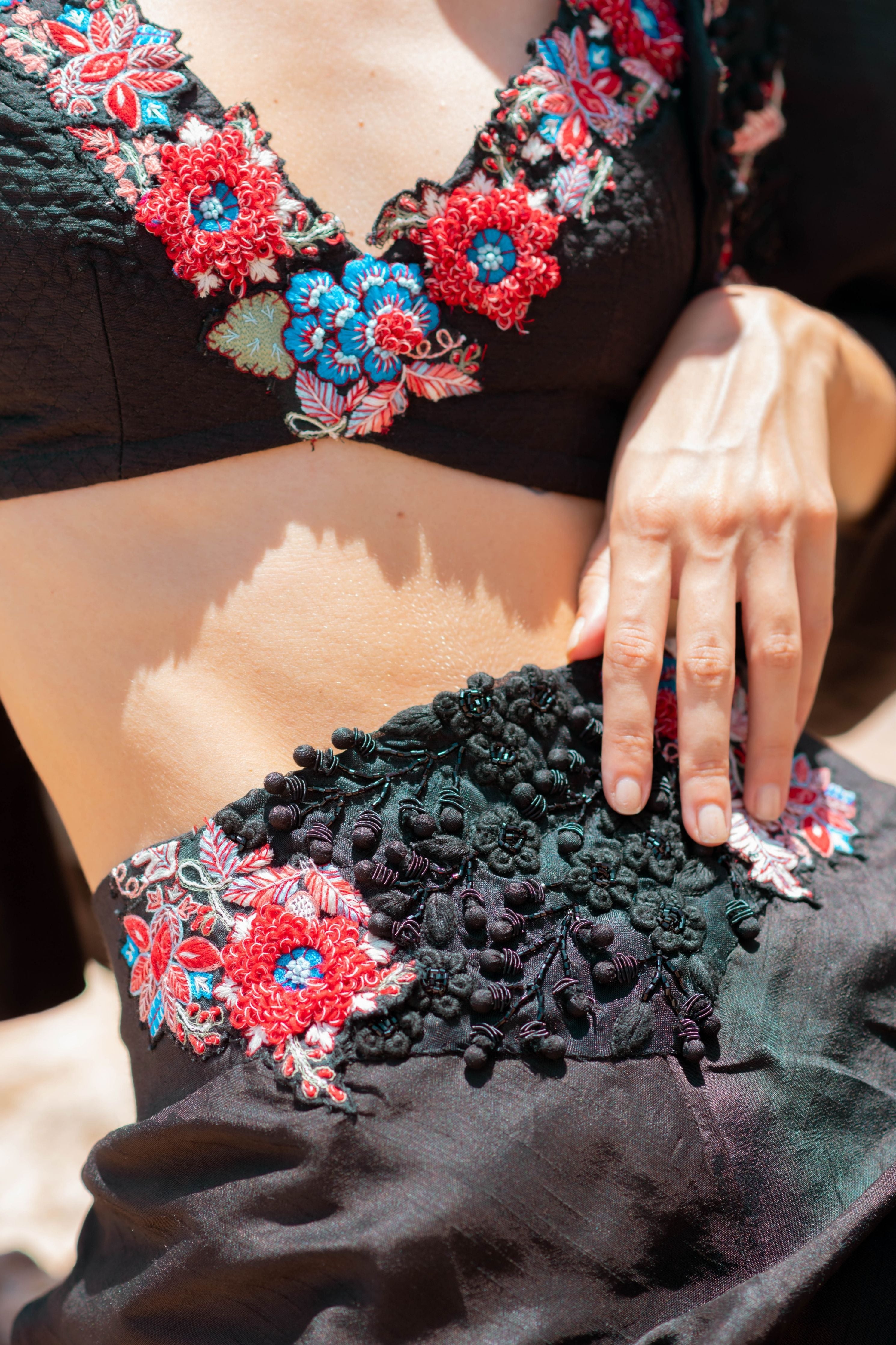 Black Coird Set With Cape Style Short Jacket And Embroidered Bustier