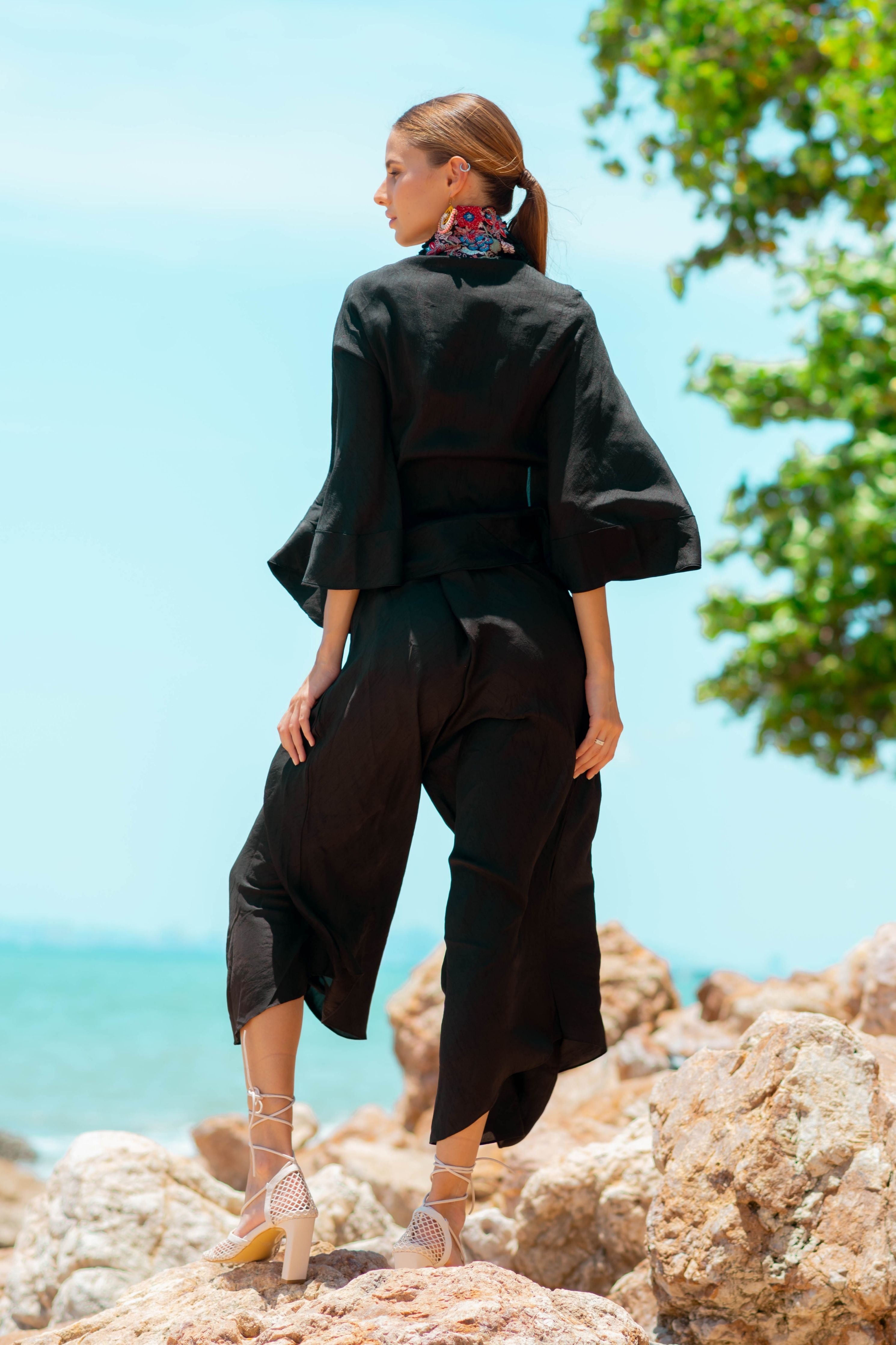 Black Coird Set With Cape Style Short Jacket And Embroidered Bustier