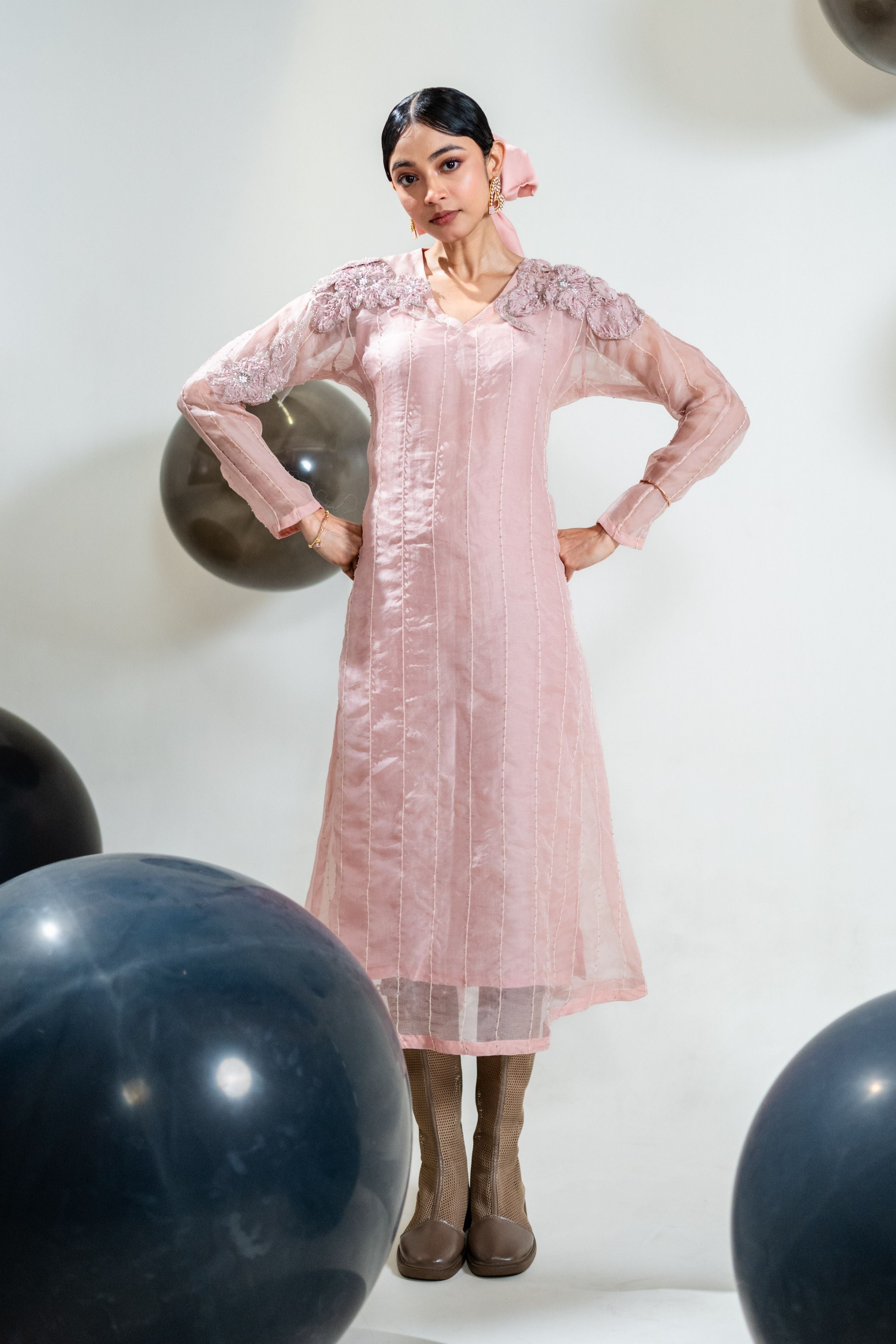 A-Line Embroidered Organza Mid Length Dress