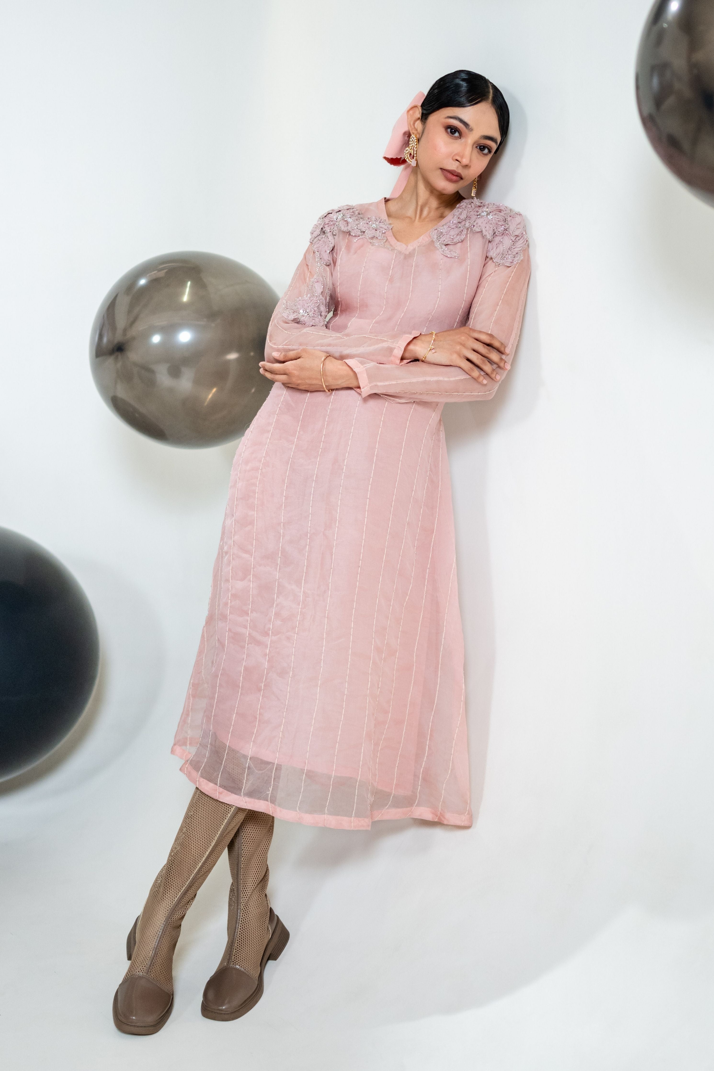 A-Line Embroidered Organza Mid Length Dress