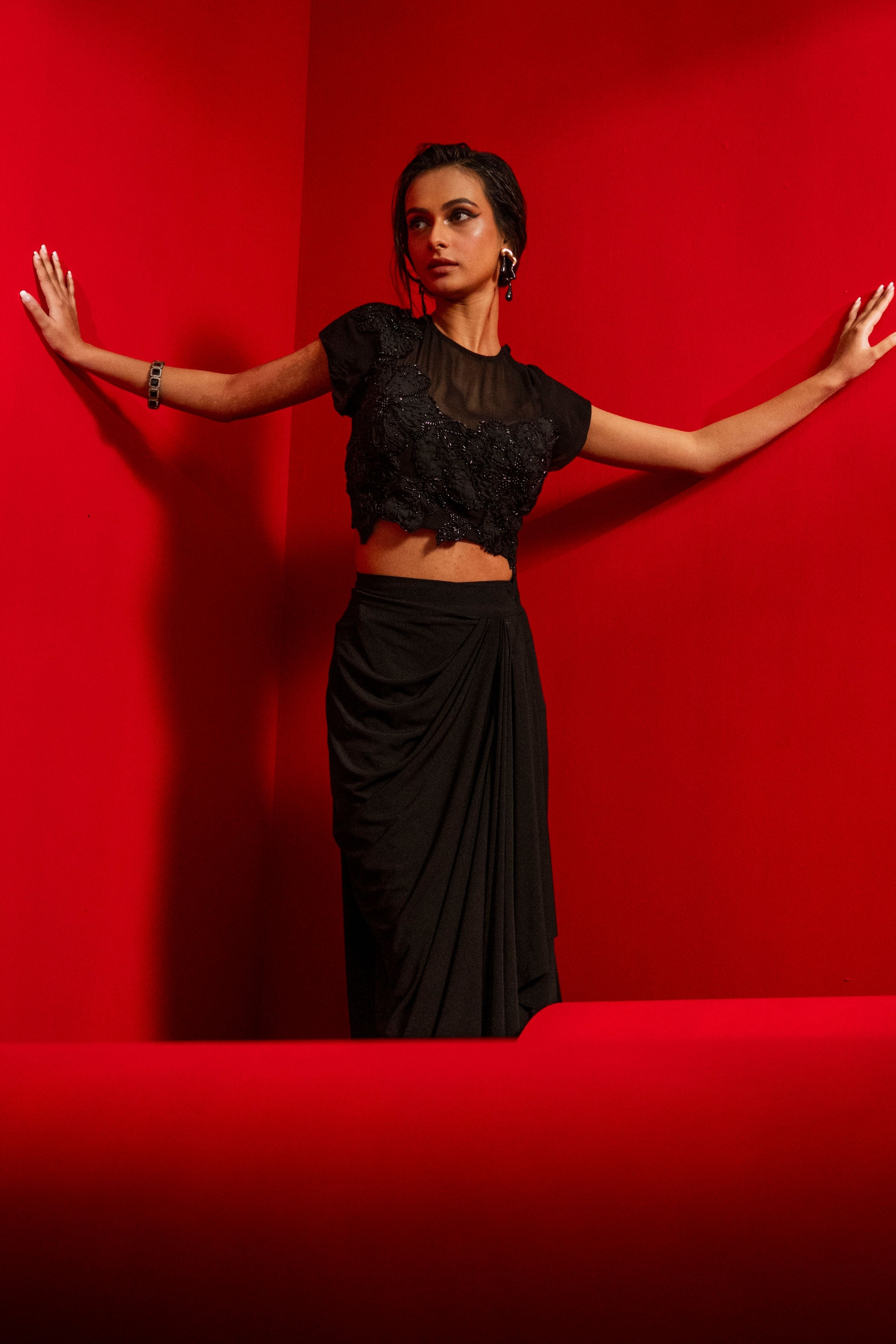 Embroidered Short Top With Drape Wrap Skirt