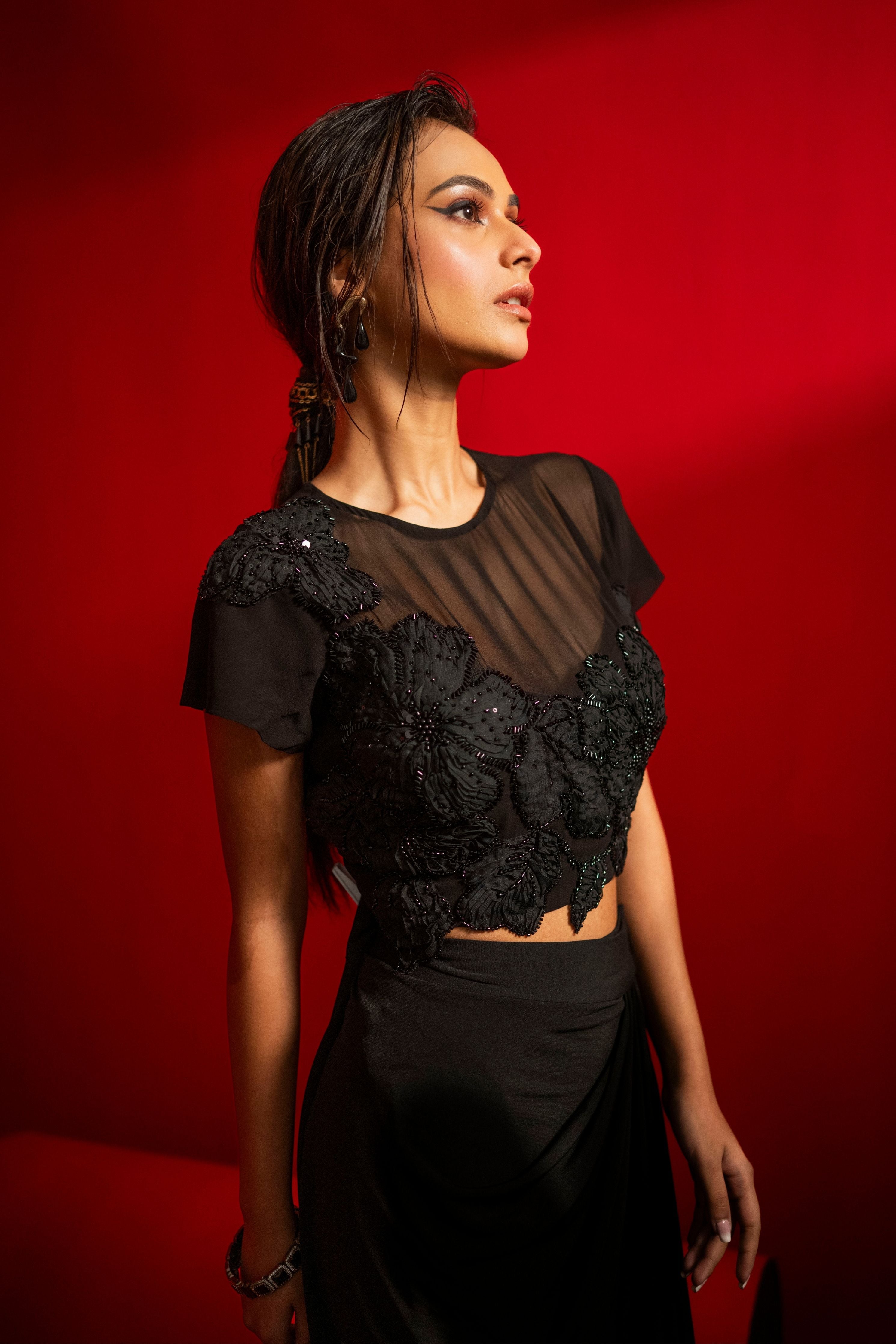 Embroidered Short Top With Drape Wrap Skirt