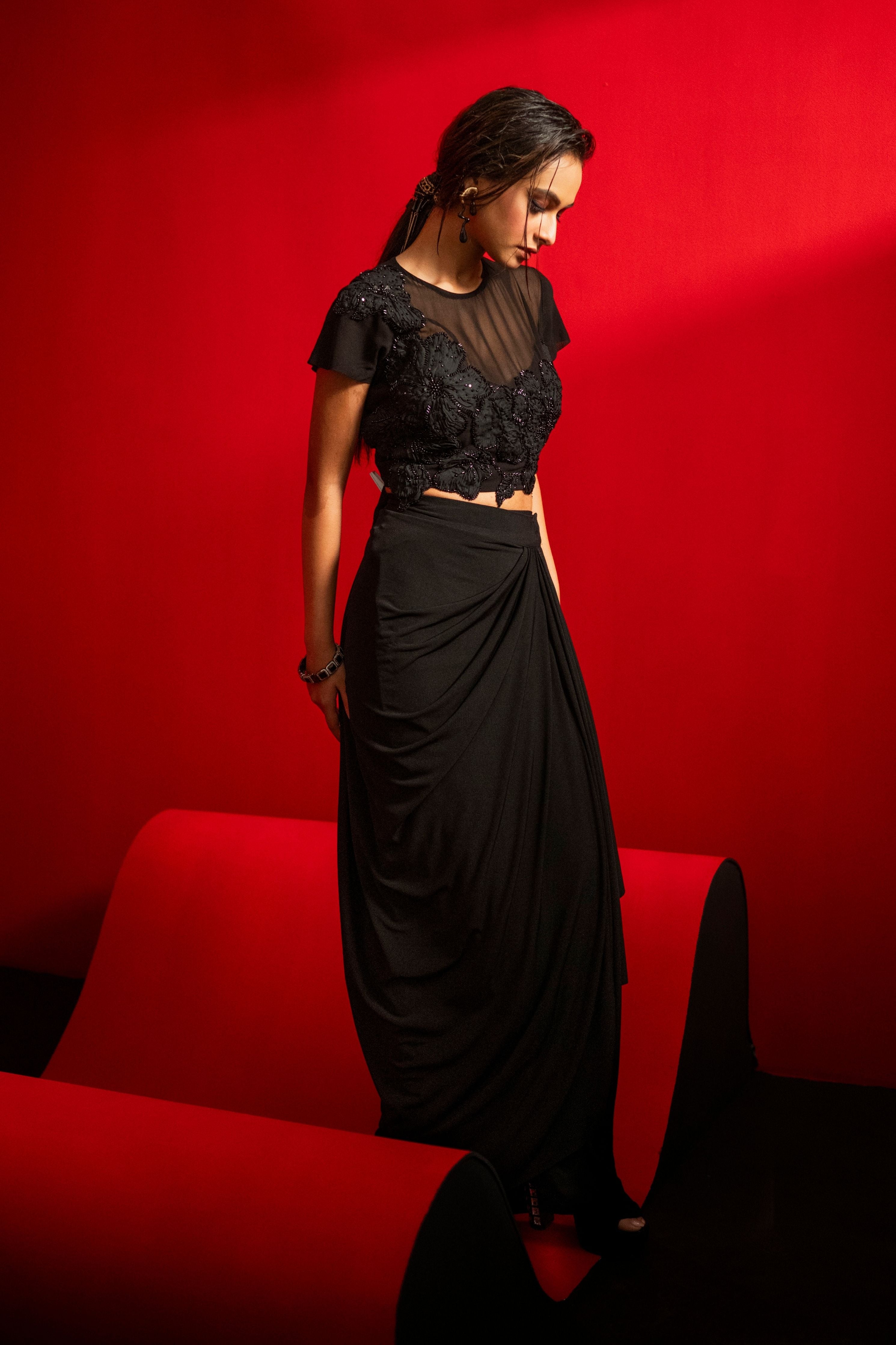 Embroidered Short Top With Drape Wrap Skirt