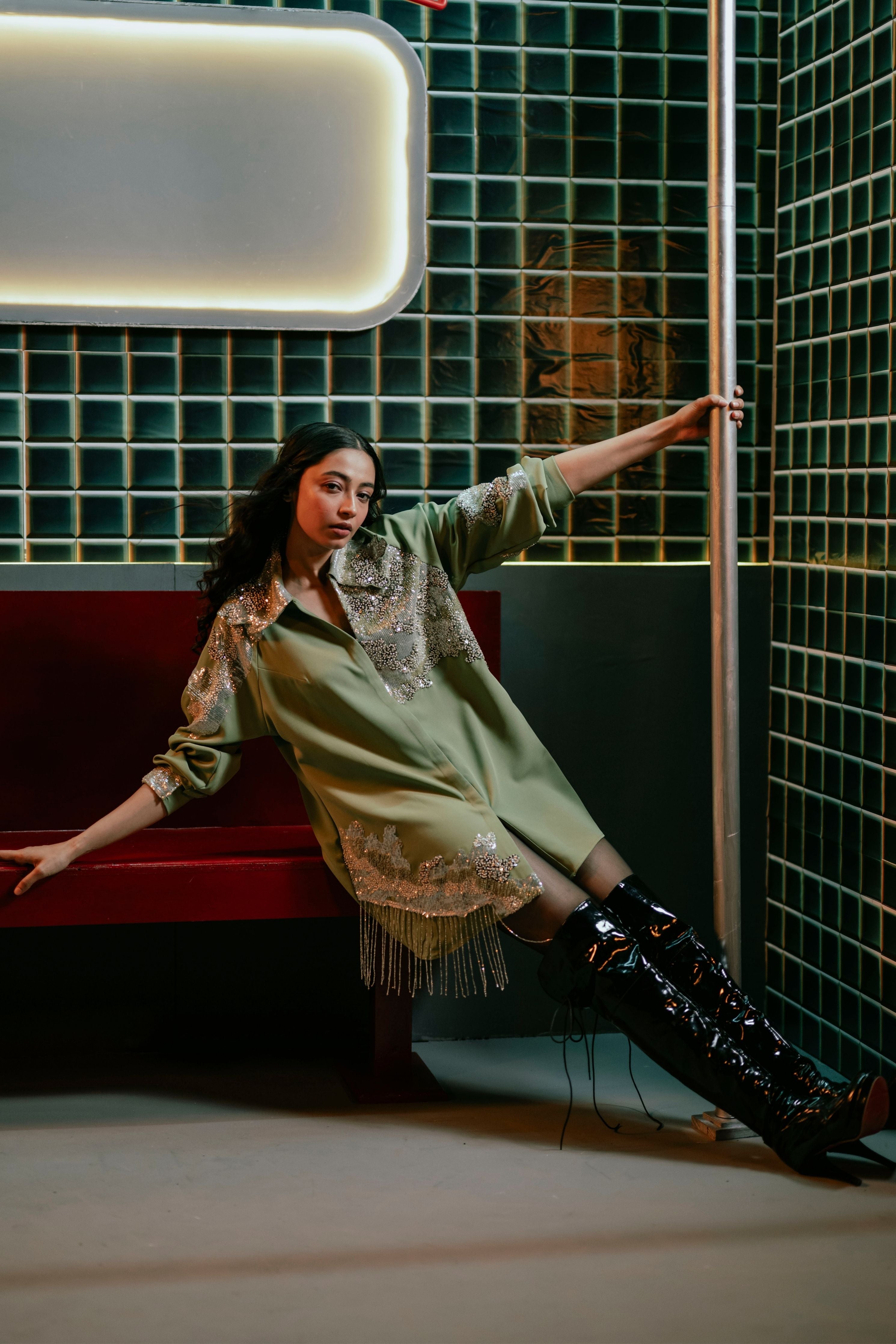 Embroidered Long Shirt With Cutdana Tassel