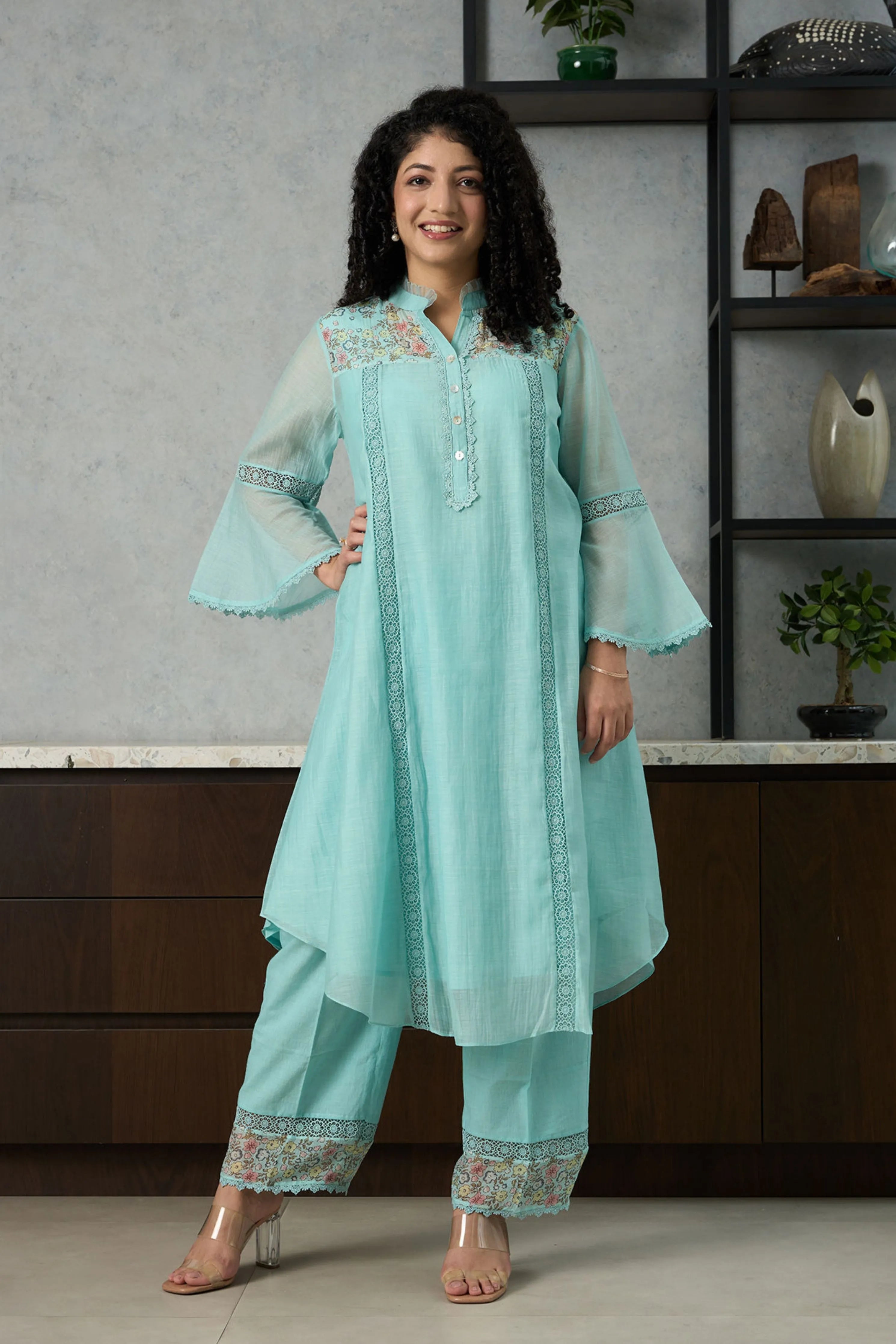 Aqua Blue Bell Sleeves Kurta Set