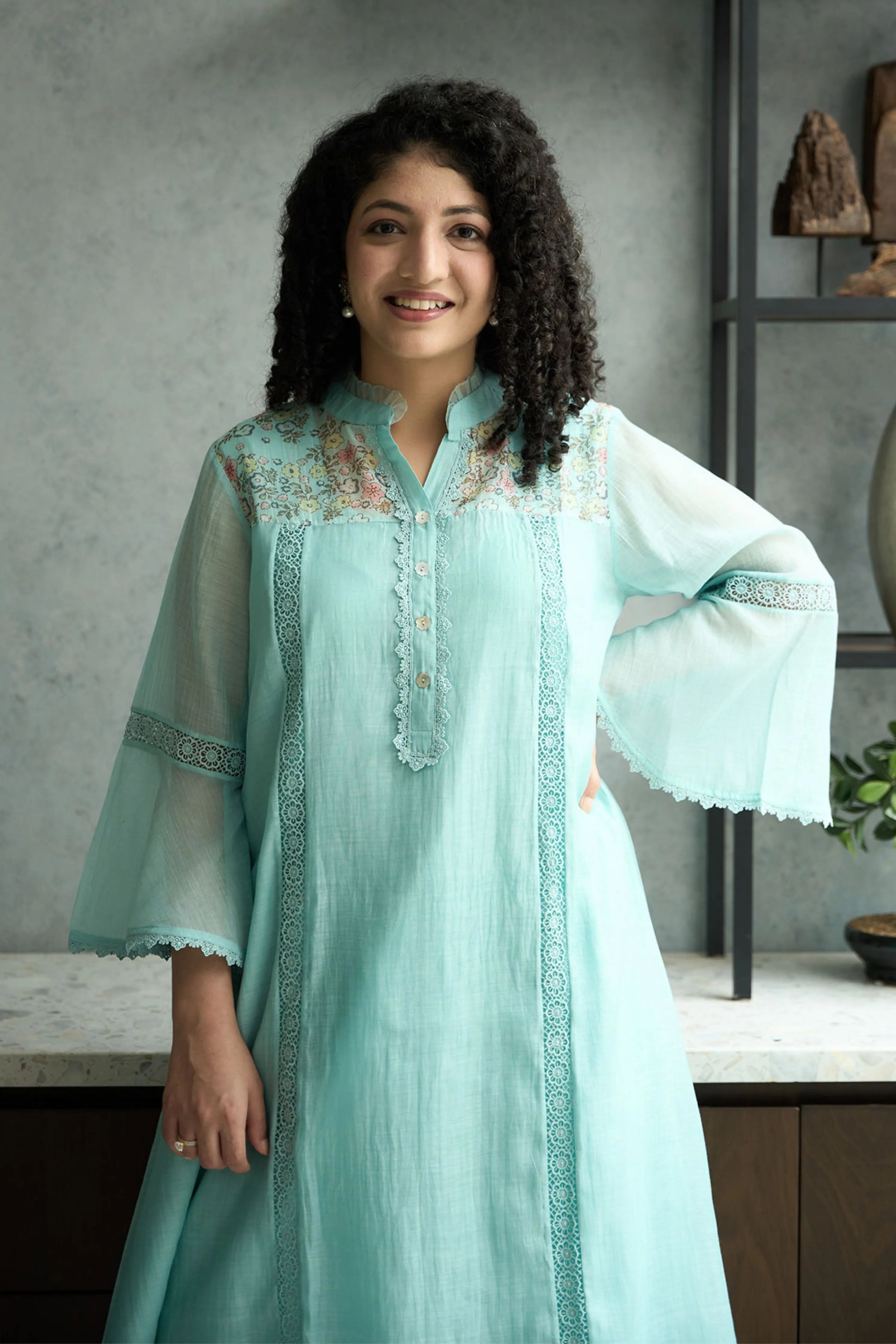 Aqua Blue Bell Sleeves Kurta Set