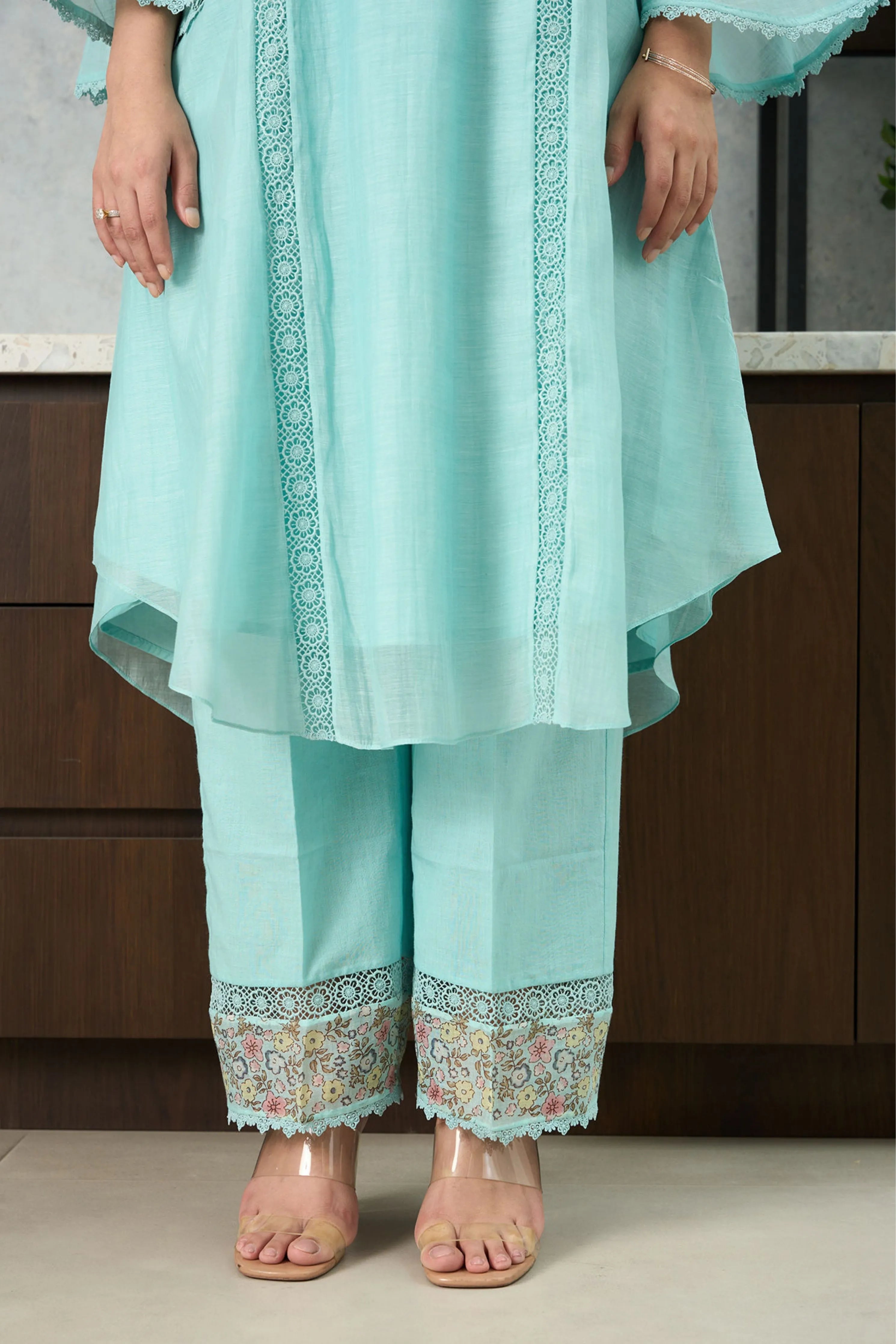 Aqua Blue Bell Sleeves Kurta Set