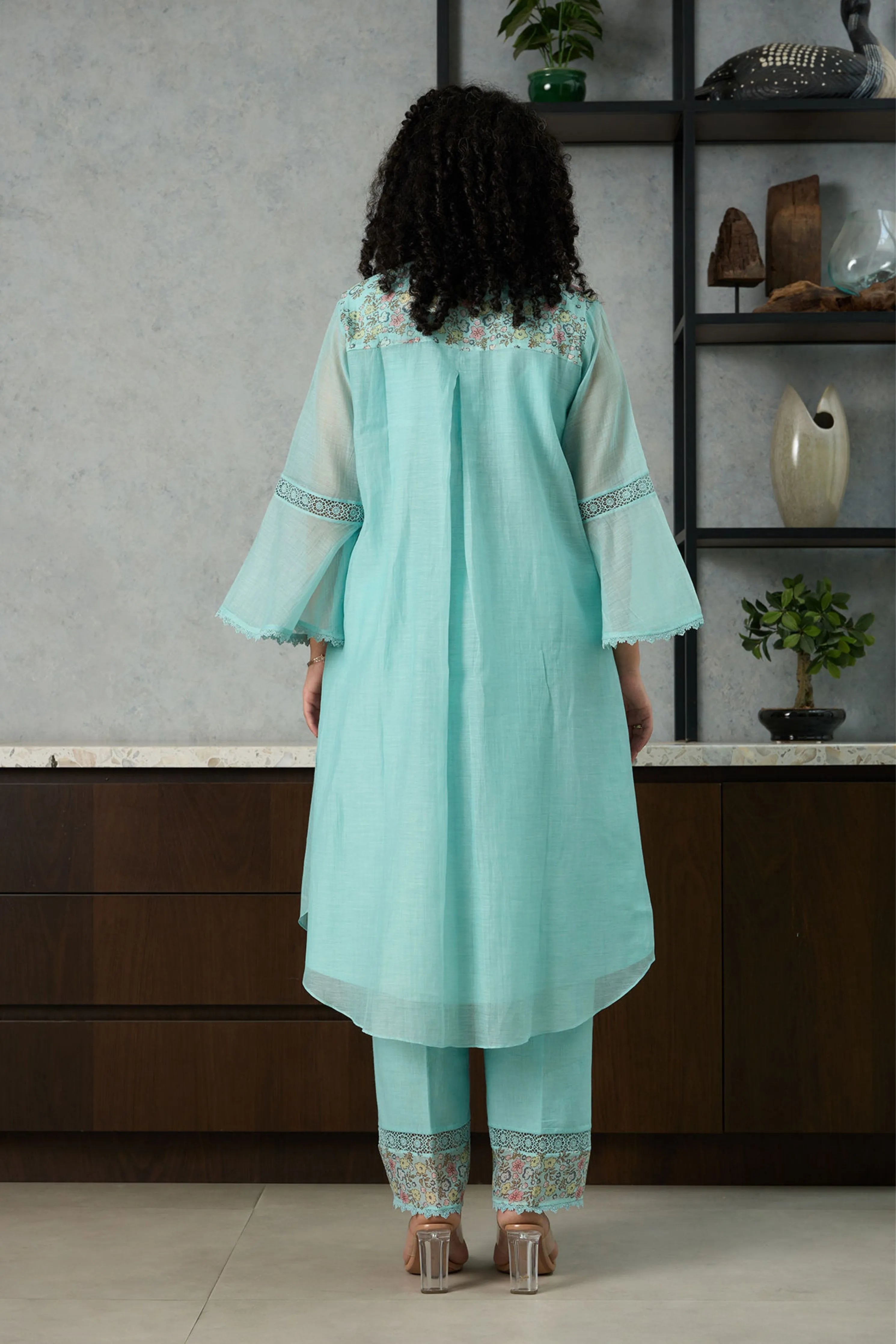 Aqua Blue Bell Sleeves Kurta Set