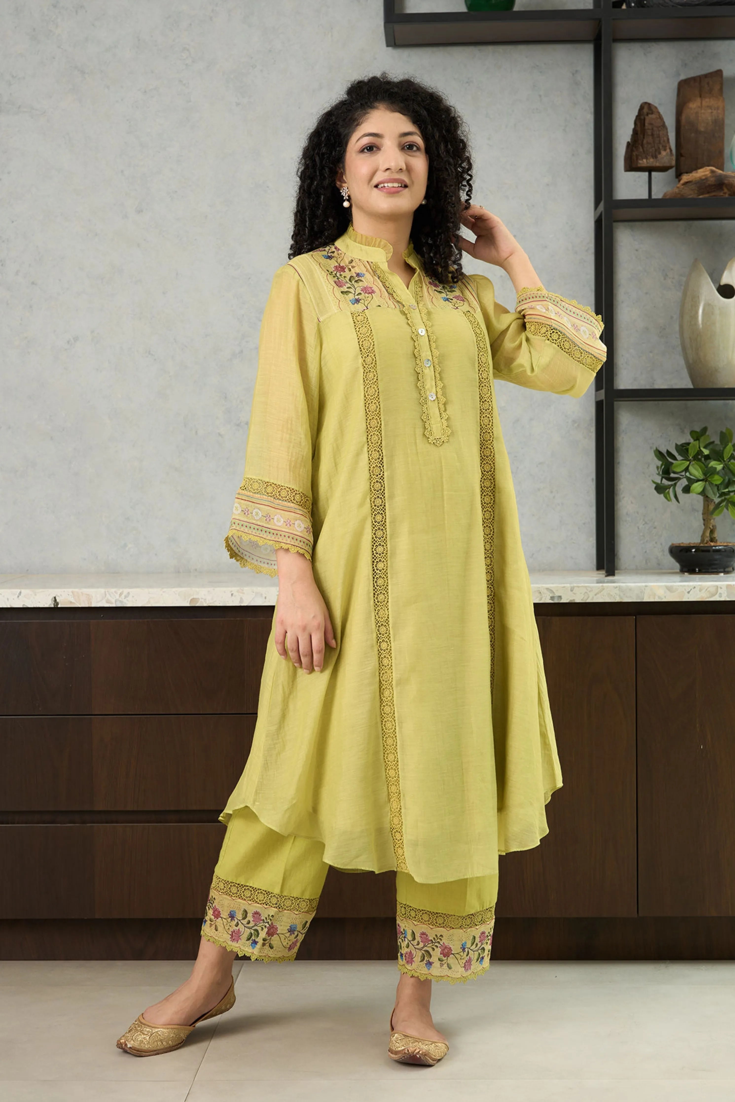 Lime Green Bell Sleeves Kurta Set
